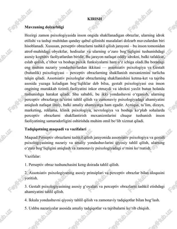 olatda tushunishga harakat qiladi. shu sababli, bu ikki yondashuvni o‘rganish, ularning perceptiv obrazlarga ta’sirini tahlil qilish va zamonaviy psixologiyadagi ahamiyatini aniqlash nafaqat ilmiy, balki amaliy ahamiyatga ham egadir. ayniqsa, ta’lim, dizayn, marketing, reklama, klinik psixologiya, nevrologiya va boshqa ko‘plab sohalarda perceptiv obrazlarni shakllantirish mexanizmlarini chuqur tushunish inson faoliyatining samaradorligini oshirishda muhim omil bo‘lib xizmat qiladi. tadqiqotning maqsadi va vazifalari maqsad:perseptiv obrazlarni tashkil qilish jarayonida assotsiativ psixologiya va gestalt psixologiyasining nazariy va amaliy yondashuvlarini qiyosiy tahlil qilish, ularning o‘zaro bog‘liqligini aniqlash va zamonaviy psixologiyadagi o‘rnini ko‘rsatish. vazifalar: 1. perseptiv obraz tushunchasini keng doirada tahlil qilish. 2. assotsiativ psixologiyaning asosiy prinsiplari va perceptiv obrazlar bilan aloqasini yoritish. 3. gestalt psixologiyasining asosiy g‘oyalari va perceptiv obrazlarni tashkil etishdagi ahamiyatini tahlil qilish. 4. ikkala yondashuvni qiyosiy tahlil qilish va zamonaviy tadqiqotlar bilan bog‘lash. 5. ushbu nazariyalar asosida amaliy tadqiqotlar va tajribalarni ko‘rib chiqish. perseptiv obraz tushunchasi: umumiy tavsif perseptiv obrazlar – bu inson ongida …