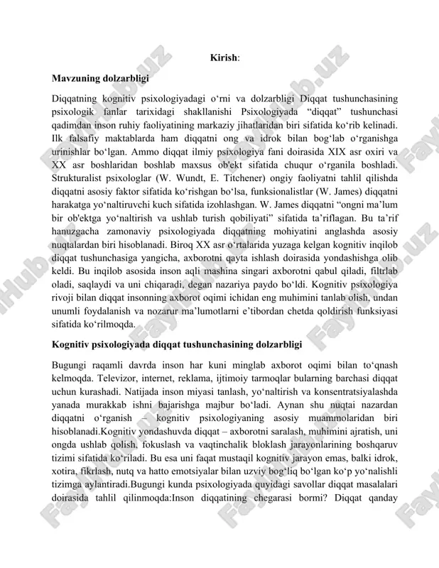 da. kognitiv psixologiyada diqqat tushunchasining dolzarbligi bugungi raqamli davrda inson har kuni minglab axborot oqimi bilan to‘qnash kelmoqda. televizor, internet, reklama, ijtimoiy tarmoqlar bularning barchasi diqqat uchun kurashadi. natijada inson miyasi tanlash, yo‘naltirish va konsentratsiyalashda yanada murakkab ishni bajarishga majbur bo‘ladi. aynan shu nuqtai nazardan diqqatni o‘rganish – kognitiv psixologiyaning asosiy muammolaridan biri hisoblanadi.kognitiv yondashuvda diqqat – axborotni saralash, muhimini ajratish, uni ongda ushlab qolish, fokuslash va vaqtinchalik bloklash jarayonlarining boshqaruv tizimi sifatida ko‘riladi. bu esa uni faqat mustaqil kognitiv jarayon emas, balki idrok, xotira, fikrlash, nutq va hatto emotsiyalar bilan uzviy bog‘liq bo‘lgan ko‘p yo‘nalishli tizimga aylantiradi.bugungi kunda psixologiyada quyidagi savollar diqqat masalalari doirasida tahlil qilinmoqda:inson diqqatining chegarasi bormi? diqqat qanday biologik asoslarga ega? qanday omillar inson diqqatini chalg‘itadi? diqqat yetishmovchiligi qanday shakllanadi va uni qanday tuzatish mumkin?ushbu savollarga javob berish nafaqat nazariy, balki amaliy jihatdan ham muhimdir. diqqatni o‘rganishning ilmiy va amaliy ahamiyati diqqatni o‘rganishning amaliy ahamiyati turli …