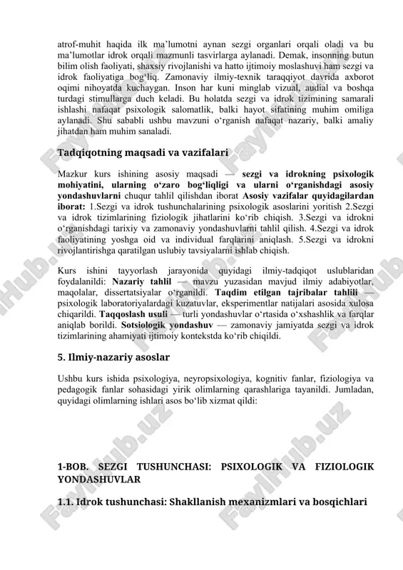 azkur kurs ishining asosiy maqsadi — sezgi va idrokning psixologik mohiyatini, ularning o‘zaro bog‘liqligi va ularni o‘rganishdagi asosiy yondashuvlarni chuqur tahlil qilishdan iborat asosiy vazifalar quyidagilardan iborat: 1.sezgi va idrok tushunchalarining psixologik asoslarini yoritish 2.sezgi va idrok tizimlarining fiziologik jihatlarini ko‘rib chiqish. 3.sezgi va idrokni o‘rganishdagi tarixiy va zamonaviy yondashuvlarni tahlil qilish. 4.sezgi va idrok faoliyatining yoshga oid va individual farqlarini aniqlash. 5.sezgi va idrokni rivojlantirishga qaratilgan uslubiy tavsiyalarni ishlab chiqish. kurs ishini tayyorlash jarayonida quyidagi ilmiy-tadqiqot uslublaridan foydalanildi: nazariy tahlil — mavzu yuzasidan mavjud ilmiy adabiyotlar, maqolalar, dissertatsiyalar o‘rganildi. taqdim etilgan tajribalar tahlili — psixologik laboratoriyalardagi kuzatuvlar, eksperimentlar natijalari asosida xulosa chiqarildi. taqqoslash usuli — turli yondashuvlar o‘rtasida o‘xshashlik va farqlar aniqlab borildi. sotsiologik yondashuv — zamonaviy jamiyatda sezgi va idrok tizimlarining ahamiyati ijtimoiy kontekstda ko‘rib chiqildi. 5. ilmiy-nazariy asoslar ushbu kurs ishida psixologiya, neyropsixologiya, kognitiv fanlar, fiziologiya va pedagogik fanlar sohasidagi yirik olimlarning qarashlariga tayanildi. jumladan, quyidagi olimlarning …