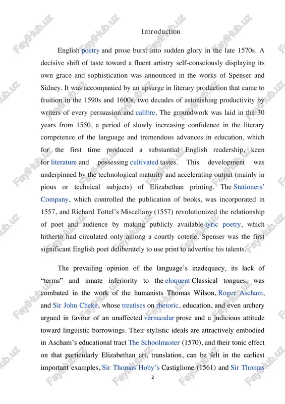 the work of the humanists thomas wilson, roger ascham, and sir john cheke, whose treatises on rhetoric, education, and even archery argued in favour of an unaffected vernacular prose and a judicious attitude toward linguistic borrowings. their stylistic ideals are attractively embodied in ascham’s educational tract the schoolmaster (1570), and their tonic effect on that particularly elizabethan art, translation, can be felt in the earliest important examples, sir thomas hoby’s castiglione (1561) and sir thomas https://www.britannica.com/art/poetry https://www.merriam-webster.com/dictionary/calibre https://www.britannica.com/art/literature https://www.merriam-webster.com/dictionary/cultivated https://www.britannica.com/topic/stationers-company https://www.britannica.com/topic/stationers-company https://www.britannica.com/art/lyric https://www.merriam-webster.com/dictionary/eloquent https://www.britannica.com/biography/roger-ascham https://www.britannica.com/biography/john-cheke https://www.merriam-webster.com/dictionary/treatises https://www.britannica.com/topic/rhetoric https://www.merriam-webster.com/dictionary/vernacular https://www.britannica.com/topic/the-schoolmaster https://www.britannica.com/biography/thomas-hoby https://www.britannica.com/biography/thomas-north 3 north’s plutarch (1579). a further stimulus was the religious upheaval that took place in the middle of the century. the desire of reformers to address as comprehensive an audience as possible—the bishop and the boy who follows the plough, as william tyndale put it—produced the first true classics of english prose: the reformed anglican book of common prayer …