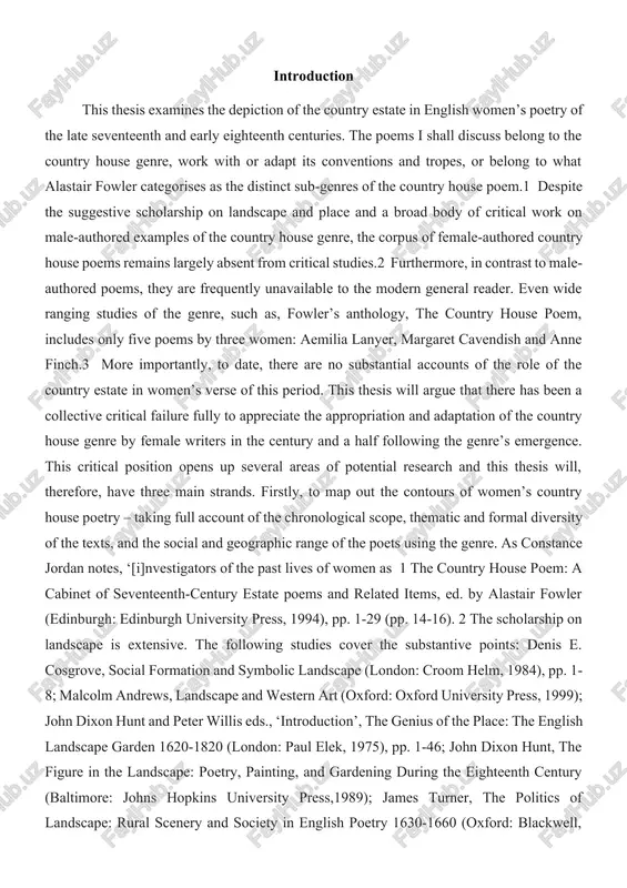 e genre. as constance jordan notes, ‘[i]nvestigators of the past lives of women as 1 the country house poem: a cabinet of seventeenth-century estate poems and related items, ed. by alastair fowler (edinburgh: edinburgh university press, 1994), pp. 1-29 (pp. 14-16). 2 the scholarship on landscape is extensive. the following studies cover the substantive points: denis e. cosgrove, social formation and symbolic landscape (london: croom helm, 1984), pp. 1-8; malcolm andrews, landscape and western art (oxford: oxford university press, 1999); john dixon hunt and peter willis eds., ‘introduction’, the genius of the place: the english landscape garden 1620-1820 (london: paul elek, 1975), pp. 1-46; john dixon hunt, the figure in the landscape: poetry, painting, and gardening during the eighteenth century (baltimore: johns hopkins university press,1989); james turner, the politics of landscape: rural scenery and society in english poetry 1630-1660 (oxford: blackwell, 1979); chris fitter, poetry, space, landscape: toward a new …