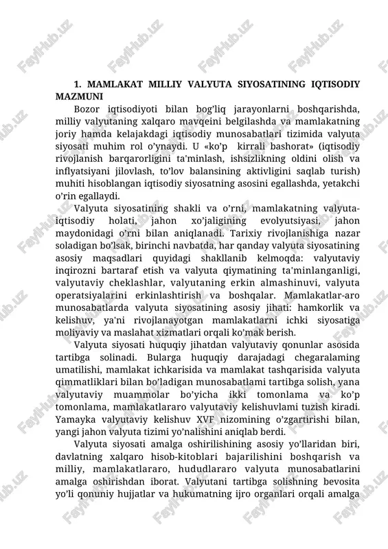 akatlararo valyutaviy kelishuvlami tuzish kiradi. yamayka valyutaviy kelishuv xvf nizomining o’zgartirishi bilan, yangi jahon valyuta tizimi yo’nalishini aniqlab berdi. valyuta siyosati amalga oshirilishining asosiy yo’llaridan biri, davlatning xalqaro hisob-kitoblari bajarilishini boshqarish va milliy, mamlakatlararo, hududlararo valyuta munosabatlarini amalga oshirishdan iborat. valyutani tartibga solishning bevosita yo’li qonuniy hujjatlar va hukumatning ijro organlari orqali amalga oshirilishi hisoblansa, bilvosita yo’l bilan bozor agentlarining iqtisodiy harakatlanishiga, iqtisodiy usullar, xususan, valyuta-kredit usullari bilan ta'sir etiladi. xo’jalik aloqalari umumiylashtirilishi, davlatlararo valyuta boshqarilishining rivojlanishiga sabab bo’ldi. u quyidagi maqsadlarni o’z oldiga qo’yadi: ayrim mamlakatlar valyuta siyosatini muvofiqlashtirish, kelishgan holda valyuta inqirozini bartaraf etish, rivojlangan mamlakatlar valyuta siyosatining boshqa mamlakatlarga mos kelishi. hududiy valyutaviy boshqarish iqtisodiy integratsiya birlashmalari chegarisida amalga oshiriladi. valyuta siyosati - valyuta muammolarini hal etish bo’yicha qarorlar tayyorlash, qabul qilish va tadbik etishdan iboratdir. valyuta munosabatlarini tartibga solish bir necha pogonalardan iborat: · xususiy firmalar, birinchi navbatda, valyuta munosabatlarida aktiv ishtirok etayotgan va yirik valyuta …