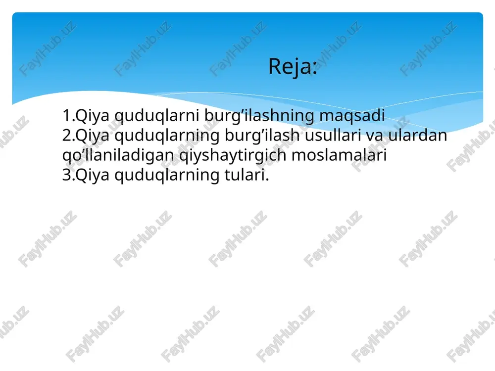 slamalar qiya quduqlarni burg‘ilashning ikki usuli mavjud: 1) rotorli – quduqlarning qiyshayish jarayoni uzlukli holatda sodir bo‘ladi; 2) turbinali – quduqlarning qiyshayish jarayoni uzluksiz ravishda amalga oshiriladi. burg‘ilash usullarining qanday bo‘lishidan qat’iy nazar (rotorli va quduq tubi dvigateli) qiya quduq burg‘ilashning texnologiyasi quduqni qiyshayishiga ta’sir qiluvchi geologik sharoitlardan hamda maxsus qiyshaytirgich moslamalardan foydalanishga asoslangan. . turbinali usullar bilan quduqlar burg‘ilashda qo‘llaniladigan qiyshaytirgich moslamalar. turboburli burg‘ilashda ham quduq tanasining vertikalga nisbatan qiyshayishi har xil konstruksiyadagi qiyshaytirgichlar yordamida amalga oshiriladi. odatda qo‘llaniladigan jamlamalarning turlaridan qat’iy nazar qiyshaytiruvchi moslamaning egilgan joyida elastik kuch sodir bo‘ladi. quduq qiyshayishining sur’ati qiyshaytiruvchi moslamaning konstruksiyasiga, uning o‘rnatilgan joyiga, tog‘ jinslarining fizik-mexanik xossalariga va ularning yotish sharoitlariga, burg’u, turbobur turlari bilan bog‘liq bo‘lgan burg‘ilash rejimiga va elastik kuchlarning miqdoriga bog‘liq bo‘ladi. quduqning qiyshayishi sur’ati uning zenit burchagiga ham bog‘liq. chunki, elastik kuch qancha kichik bo‘lsa quduqning qiyshayish burchagi vertikalga nisbatan shuncha katta bo‘ladi. 9 quduq qiyshayishining sur’ati qiyshaytiruvchi …