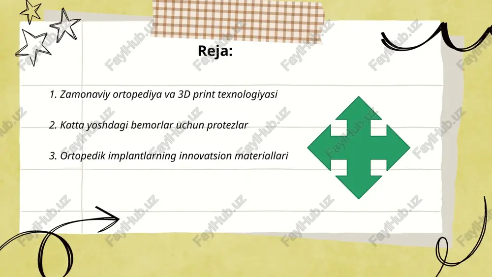 so'ng 3-6 oy ichida normal faoliyatiga qaytishga muvaffaq bo'ladi. bu jarayonda reabilitatsiya va fizioterapiya protseduralari katta ahamiyatga ega. ... t.me/slaydai_bot ortopedik implantlar uchun innovatsion materiallar sohasida bir qancha taraqqiyotlar kuzatilmoqda. titan va uning qotishmalari, biokompatibil va mexanik xususiyatlari tufayli keng qo'llaniladi. so'nggi yillarda kompozit materiallar, masalan, uglerod tolalari bilan mustahkamlangan polimerlar, ham e'tibor qozondi. bu materiallar o'zining engilligi va yuk ko'tarish qobiliyati bilan ajralib turadi. boshqa yangi ishlanmalar orasida keramikalar, ayniqsa zirkon va alumina, yuqori aşınma chidamliligiga ega. gidroksiapatit qoplamalari suyak bilan yaxshi integratsiyalashadi, bu esa lazerli sinterlash texnologiyasi yordamida ortopedik implantlar ishlab chiqarishni yaxshilaydi. shuningdek, biochxzezuvchan polimerlar, jumladan polilaktik kislota, vaqt o‘tishi bilan organizmda parchalanish hususiyatiga ega bo‘lganligi tufayli jozibadorlik kasb etmoqda. ... t.me/slaydai_bot 4. bolalar ortopediyasi: skoliozning yangi davolash usullari bolalar ortopediyasi sohasi skoliozni davolashda yangilangan usullar bilan rivojlanmoqda. hozirgi kunda skoliozning yangi davolash usullari orasida 3d yozuvli korsetlar, bogʼlovchi mashqlar, fizioterapiya va qoʼllab-quvvatlovchi texnologiyalar keng qoʼllanilmoqda. 3d-yozuvli …