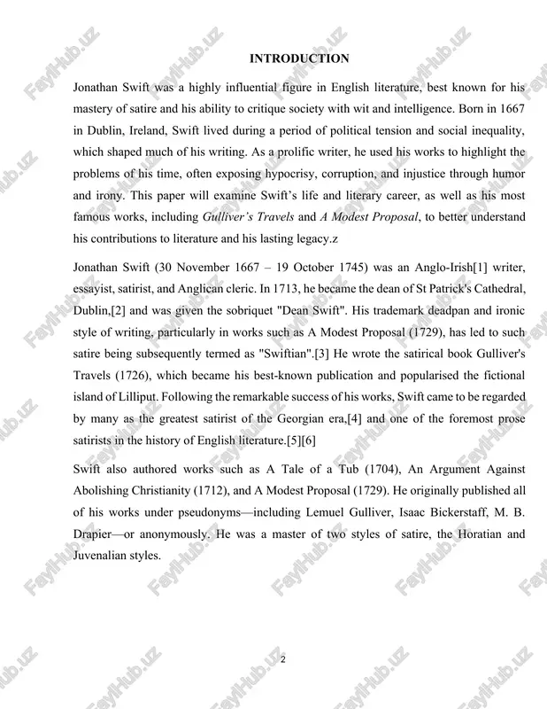 s works under pseudonyms—including lemuel gulliver, isaac bickerstaff, m. b. drapier—or anonymously. he was a master of two styles of satire, the horatian and juvenalian styles. i. chapter: the life and literary career of jonathan swift 1.1 biography and education jonathan swift was born on 30 november 1667 in dublin in the kingdom of ireland. he was the second child and only son of jonathan swift (1640–1667) and his wife abigail erick (or herrick) of frisby on the wreake in leicestershire.[7] his father was a native of goodrich, herefordshire, but he accompanied his brothers to ireland to seek their fortunes in law after their royalist father's estate was brought to ruin during the english civil war. his maternal grandfather, james ericke, was the vicar of thornton in leicestershire. in 1634 the vicar was convicted of puritan practices. sometime thereafter, ericke and his family, including his young daughter abigail, fled to …