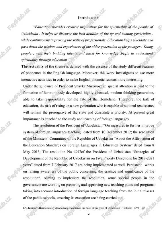 ility for the fate of the homeland. therefore, the task of education, the task of rising up a new generation who is capable of national renaissance will remain the prerogative of the state and constitute a priority. at present great importance is attached to the study and teaching of foreign languages. the resolution of the president of uzbekistan “on measures to further improve system of foreign languages teaching” dated from 10 december 2012; the resolution of the ministers’ committee of the republic of uzbekistan “about the affirmation of the education standards on foreign languages in education system” dated from 8 may 2013; the resolution no 4947of the president of uzbekistan “strategies of development of the republic of uzbekistan on five priority directions for 2017-2021 years” dated from 7 february 2017 are being implemented as well. persistent works on raising awareness of the public concerning the essence and significance of the …