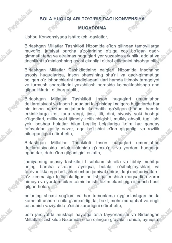 ziyatida o‘sishi zarurligini e’tirof etib, bola jamiyatda mustaqil hayotga to‘la tayyorlanishi va birlashgan millatlar tashkiloti nizomida e’lon qilingan g‘oyalar ruhida, ayniqsa, tinchlik, qadr-qimmat, sabr-toqat, erkinlik, tenglik va birdamlik ruhida tarbiyalanishi lozimligini hisobga olib, bolani mana shunday alohida himoya qilish zarurligi 1924 yilgi bola huquqlari jeneva deklaratsiyasida va 1959 yil 20 noyabrda bmtning bosh assambleyasi tomonidan qabul qilingan bola huquqlari deklaratsiyasida ko‘zda tutilganligini va inson huquqlari umumjahon deklaratsiyasi, fuqarolik va siyosiy huquqlar to‘g‘risida xalqaro paktda (jumladan, 23- va 24-moddalarda), iqtisodiy, ijtimoiy va madaniy huquqlar to‘g‘risida xalqaro paktda (jumladan, 10-moddada), shuningdek, ixtisoslashgan muassasalar hamda bolalarning farovonligi masalalari bilan shug‘ullanuvchi xalqaro tashkilotlarning nizomlari va tegishli xujjatlarida e’tirof etilganligini e’tiborga olib, bola huquqlari deklaratsiyasida ko‘rsatib o‘tilganidek, “bola, agar u jismoniy va aqliy jihatdan kamolotga yetishmagan bo‘lsa, maxsus ravishda muhofaza va g‘amxo‘rlikka, binobarin, tug‘ilguncha va tug‘ilgandan keyin ham munosib darajadagi huquqiy himoyaga muhtoj” ekanligini e’tiborga olib, ijtimoiy va huquqiy tamoyillar to‘g‘risidagi deklaratsiyaning bolalar himoyasi va …