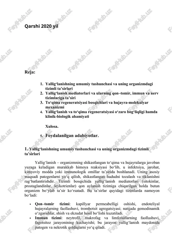 va umumiy zaiflik hissini keltirib chiqaradi; gipotalamus orqali termoregulyatsiya buzilishi natijasida temperaturaning ko‘tarilishi sodir bo‘ladi. · endokrin tizim: stress-gormonlar (kortizol, adrenalin) ishlab chiqarilishi ortishi, metabolik jarayonlarning faollashuvi; glyukoza darajasining oshishi va energiya zahiralarining faollashtirilishi yallig‘lanish talablarini qondiradi. tizimli yallig‘lanish reaksiyasi shuningdek qonda akutfazali oqsillarning (crp, fibrinogen) miqdorini oshiradi, bu esa diagnostik marker sifatida foydalaniladi. uzoq davom etgan yallig‘lanish esa endoteliy nazariyasiga ko‘ra surunkali kasalliklar, ateroskleroz va autoimmun buzilishlarga olib kelishi mumkin. yallig’lanish yuqori rivojlangan organlarda evolyutsion taraqqiyot natijasida shikastlanishga qarshi yuzaga kelganbiriktiruvchi to’qima, tomir va nerv tizimlarining murakkab mahalliy-himoya moslashuv reaksiyasi,shikastlovchi omilni organizmdan chiqarishga, hamda uning asoratlarini chegaralashga qaratilgan. yallig’lanish sabab bo’luvchi omillar bo’ladi: biologik fizik, ximik ekzogen va endogen omillardir. bakterial ekzogen faktorlarga: bakteriyalar, viruslar, rikketsiyalar, parazit chuvalchanglar, yot oqsillar, endotoksinlar, hasharotlar va ilonlar zahari kimyoviy ekzogen faktorlar: kislota, ishqor, og’ir metal tuzlari fizik faktorlar: a) mehanik: travmalar, kesilish, bosim, b) termik: issiqlik, sovuq harorat c) elektrik tabiiy tok …