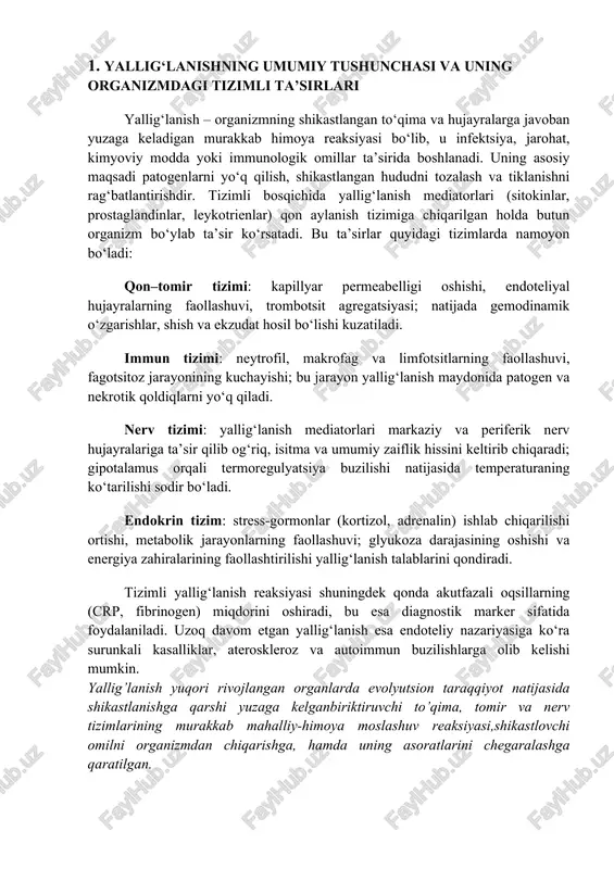 li yallig‘lanish reaksiyasi shuningdek qonda akutfazali oqsillarning (crp, fibrinogen) miqdorini oshiradi, bu esa diagnostik marker sifatida foydalaniladi. uzoq davom etgan yallig‘lanish esa endoteliy nazariyasiga ko‘ra surunkali kasalliklar, ateroskleroz va autoimmun buzilishlarga olib kelishi mumkin. yallig’lanish yuqori rivojlangan organlarda evolyutsion taraqqiyot natijasida shikastlanishga qarshi yuzaga kelganbiriktiruvchi to’qima, tomir va nerv tizimlarining murakkab mahalliy-himoya moslashuv reaksiyasi,shikastlovchi omilni organizmdan chiqarishga, hamda uning asoratlarini chegaralashga qaratilgan. yallig’lanish sabab bo’luvchi omillar bo’ladi: biologik fizik, ximik ekzogen va endogen omillardir. bakterial ekzogen faktorlarga: bakteriyalar, viruslar, rikketsiyalar, parazit chuvalchanglar, yot oqsillar, endotoksinlar, hasharotlar va ilonlar zahari kimyoviy ekzogen faktorlar: kislota, ishqor, og’ir metal tuzlari fizik faktorlar: a) mehanik: travmalar, kesilish, bosim, b) termik: issiqlik, sovuq harorat c) elektrik tabiiy tok urishi, maishiy va sanoat toki d) nurlantiruvchi omillar: rentgen nurlari, ultrabinafsha nurlar yallig‘lanish organizmning tashqi yoki ichki zararli omillarga (mikroorganizmlar, shikastlanishlar, toksinlar va boshqa patogen faktorlarga) nisbatan beradigan himoya javobi bo‘lib, uning asosiy maqsadi zararni cheklash, patogenlarni …