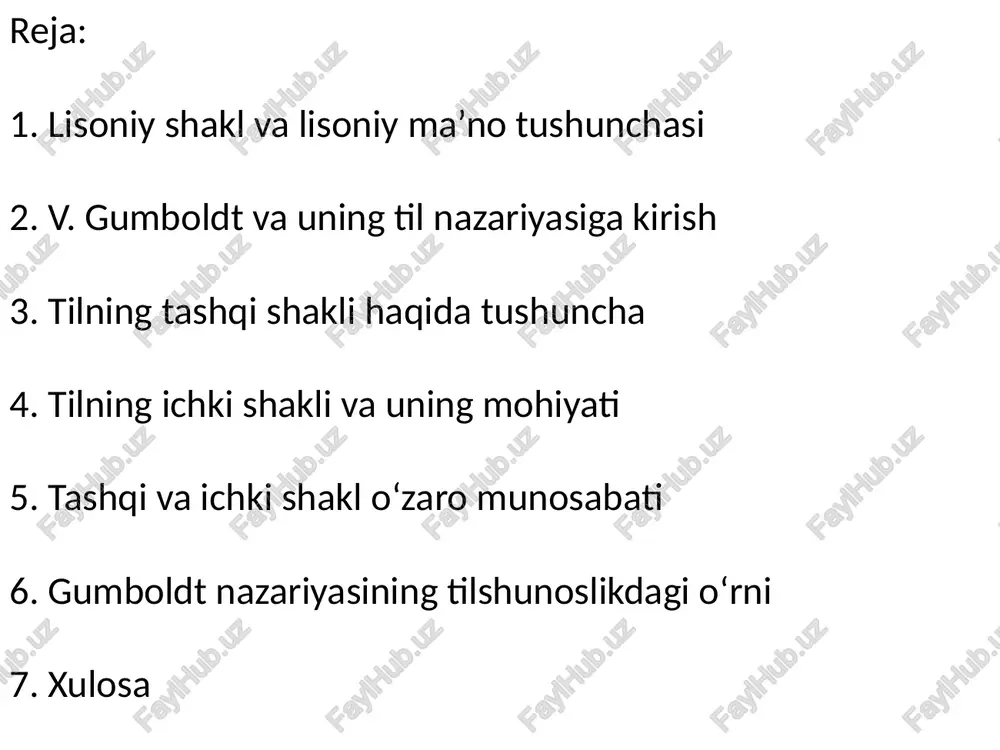 nutq faoliyati mahsulidir. til doimiy ravishda rivojlanib boradigan dinamik hodisa hisoblanadi. tilning ichki mohiyati va uning shakli bir butun bo‘lib, til inson tafakkurining ifodasi va dunyoqarash shakllanishida muhim rol o‘ynaydi. gumboldt tilshunoslikni tarixiy, falsafiy va etnografik fanlar qatoriga qo‘shishga harakat qilgan va tilning barcha aspektlarini ilmiy o‘rganish zarurligini ta’kidlagan. uning nazariyasi tilshunoslik fanining rivojlanishida va turli ilmiy maktablarning shakllanishida katta ta’sir ko‘rsatgan. vilgelm fon gumboldt tilni nafaqat shakl, balki mazmun va tafakkur bilan chambarchas bog‘liq, tilshunoslikning asosiy nazariy asoslarini yaratgan olimdir. tilning tashqi shakli — bu tilning ifoda, ya'ni tashqi tomoni bo‘lib, undagi birliklar (tovushlar, morfemalar, so‘zlar, so‘z birikmalari, gaplar) ko‘rinishidagi strukturasidir. tilning tashqi shakli nutq tovushlari va ularning vositalari orqali ifodalanadi, bu tovushlar talaffuz organlari yordamida hosil bo‘ladi va ular tilning artikulyatsion, akustik, eshitish va fonologik jihatlari bilan o‘rganiladi. tilning tashqi shakli tilning nutqdagi ko‘rinishi, ya'ni tovush va so‘zlar orqali tashqi dunyoga namoyon bo‘lishidir. qisqasi, tilning tashqi shakli — …