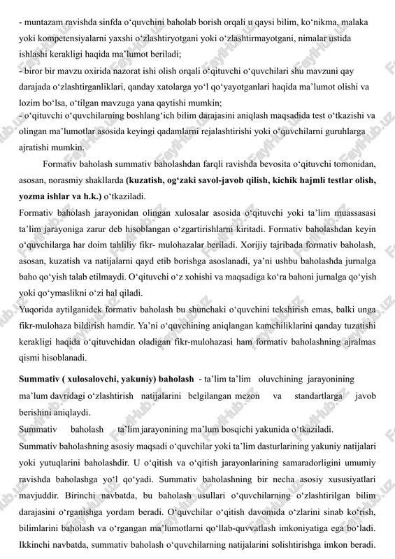 lar va vasiylarni farzandining ta’lim olishiga jalb qilish. formativ baholashning asosiy maqsadlari: - muntazam ravishda sinfda o‘quvchini baholab borish orqali u qaysi bilim, ko‘nikma, malaka yoki kompetensiyalarni yaxshi o‘zlashtiryotgani yoki o‘zlashtirmayotgani, nimalar ustida ishlashi kerakligi haqida ma’lumot beriladi; - biror bir mavzu oxirida nazorat ishi olish orqali o‘qituvchi o‘quvchilari shu mavzuni qay darajada o‘zlashtirganliklari, qanday xatolarga yo‘l qo‘yayotganlari haqida ma’lumot olishi va lozim bo‘lsa, o‘tilgan mavzuga yana qaytishi mumkin; - o‘qituvchi o‘quvchilarning boshlang‘ich bilim darajasini aniqlash maqsadida test o‘tkazishi va olingan ma’lumotlar asosida keyingi qadamlarni rejalashtirishi yoki o‘quvchilarni guruhlarga ajratishi mumkin. formativ baholash summativ baholashdan farqli ravishda bevosita o‘qituvchi tomonidan, asosan, norasmiy shakllarda (kuzatish, og‘zaki savol-javob qilish, kichik hajmli testlar olish, yozma ishlar va h.k.) o‘tkaziladi. formativ baholash jarayonidan olingan xulosalar asosida o‘qituvchi yoki ta’lim muassasasi ta’lim jarayoniga zarur deb hisoblangan o‘zgartirishlarni kiritadi. formativ baholashdan keyin o‘quvchilarga har doim tahliliy fikr- mulohazalar beriladi. xorijiy tajribada formativ baholash, asosan, kuzatish va …