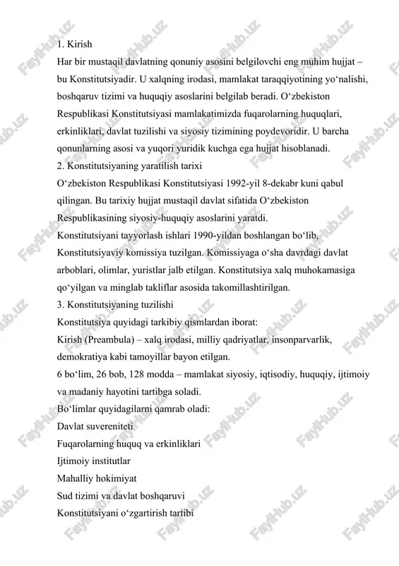 bu degani, davlat hokimiyati qonunlar bilan cheklangan bo‘ladi, fuqarolar huquqlari qonuniy kafolatga ega, sud mustaqildir va qonun ustuvor. 🔹 ijtimoiy davlat davlat har bir fuqaroning hayoti, sog‘lig‘i, ta’limi va ijtimoiy himoyasini ta’minlashga majbur. kam ta’minlanganlarga yordam ko‘rsatiladi, pensiyalar, nafaqalar, tibbiyot va ta’lim xizmatlari konstitutsiyada kafolatlangan. 🔹 xalq hokimiyatchiligi konstitutsiyaga ko‘ra, o‘zbekiston xalq hokimiyatchiligiga asoslangan. ya’ni, davlat hokimiyatining manbai – bu xalq. xalq o‘z vakolatlarini saylovlar orqali, bevosita yoki vakillik orqali amalga oshiradi. 🔹 hokimiyatlar bo‘linishi konstitutsiya qonun chiqaruvchi (oliy majlis), ijro etuvchi (prezident va hukumat) va sud hokimiyati o‘rtasida muvozanatni saqlashni belgilaydi. har bir hokimiyat mustaqil faoliyat yuritadi. 5. inson huquqlari va konstitutsiyadagi kafolatlar konstitutsiya fuqarolarning asosiy huquq va erkinliklarini belgilaydi, jumladan: hayot huquqi so‘z va fikr erkinligi vijdon va din erkinligi ta’lim olish huquqi mehnat qilish va dam olish huquqi shaxsiy daxlsizlik va sud himoyasi kafolatlari ushbu huquqlar davlat tomonidan himoyalanadi, va hech bir qonun konstitutsiyadagi huquqlarga zid bo‘lishi …