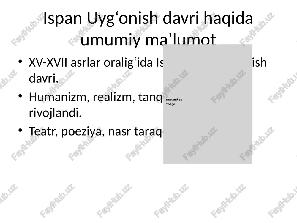 viy roman janrining asoschisi. don kixot – eng ko‘p tarjima qilingan asarlardan biri. adabiyot, kino, teatrda o‘lmas timsol. ispan adabiyotida tutgan o‘rni ispan adabiyotining eng yuksak namoyandasi. ispan tilini “servantes tili” deb atashadi. ispan madaniyatida chuqur iz qoldirgan. xulosa servantes – uyg‘onish davrining yorqin yulduzi. don kixot orqali insoniyat tafakkuriga katta ta’sir qilgan. bugungi kunda ham dolzarbligini yo‘qotmagan ijodkor. foydalanilgan adabiyotlar servantes m. “don kixot” (turli nashrlar). ispan adabiyoti tarixiga oid manbalar. internet va ilmiy maqolalar (google scholar, jstor, etc). image1.jpg servantes image /docprops/thumbnail.jpeg ispan uyg'onish adabiyotida servantes ijodining o'rni + uye.onish dave yevropa adabiyot uchun yang bostich bot. + lspanyada bu david adabiyotda atta vyulsaish erat + miguel de servantes ushbu davrning eng buyuk namoyandalaridan biiir.