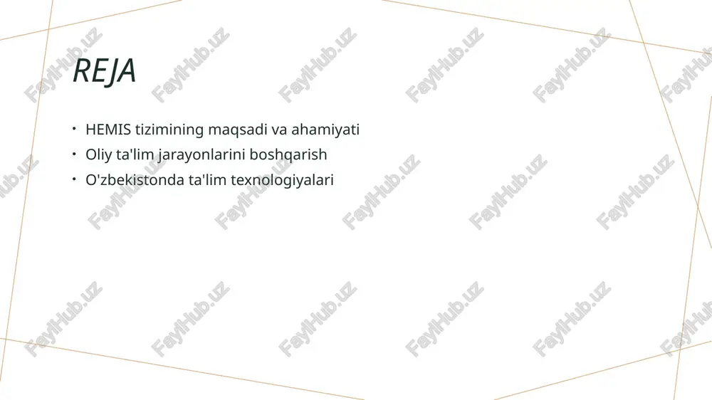 va onlayn materiallar, tez va samarali taqdim etilishi ta'lim sifatini oshiradi. 03 ma'lumotlarni tahlil qilish hemis tizimi ta'lim jarayonlaridagi ma'lumotlarni tahlil qilib, o'qitish samaradorligini oshirish va muammolarni aniqlashda yordam berishi mumkin. oliy ta'lim jarayonlarini samarali boshqarish usullari. 1 o'zaro aloqa oliy ta'lim jarayonlarida o'zaro aloqa muhim rol o'ynaydi. talabalar, o'qituvchilar va boshqaruvchilar o'rtasida samarali muloqot jarayonlarni tezlashtiradi. 2 ma'lumotlarni tahlil hemis tizimi orqali ma'lumotlarni tahlil qilish ta'lim jarayonlarini optimallashtirishga yordam beradi. bu qaror qabul qilishda asosiy omil hisoblanadi. 3 raqamli resurslar raqamli resurslardan foydalanish, masalan, onlayn platformalar, ta'lim jarayonlarini samarali boshqarish uchun qulayliklar yaratadi va o'qitish sifatini oshiradi. 4 innovatsion yondashuv innovatsion yondashuvlar, masalan, interaktiv darslar va yangi o'quv metodikalar, oliy ta'lim jarayonlarini yanada samarali va qiziqarli qiladi. hemis tizimi orqali ta'lim sifatini oshirish strategiyalari. o'qituvchilarni tayyorlash talabalar monitoringi innovatsion metodlar hemis tizimi o'qituvchilarni tayyorlash jarayonini optimallashtirib, ularning malakasini oshirish va zamonaviy pedagogik usullarni o'rganish imkonini beradi. talabalar muvaffaqiyatini kuzatish …