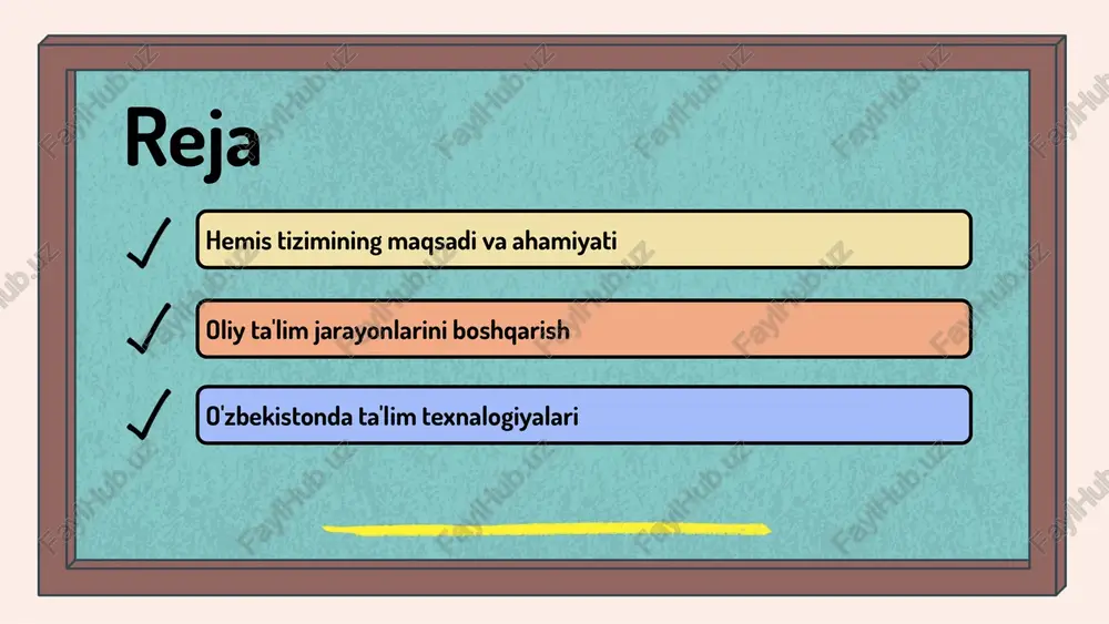 muvaffaqiyatini oshirish va resurslardan foydalanishni yaxshilash mumkin. ma'lumotlar bazasi va axborot almashinuvi tizim keng ma'lumotlar bazasi bilan ta'minlaydi, unda o'quv dasturlari va talabalar haqidagi ma'lumotlar saqlanadi. real vaqtda ma'lumotlarni yangilash va ulardan foydalanib, qaror qabul qilish jarayonini tezlashtiradi. o'zbekistonda ta'lim texnologiyalari o'zbekistonda ta'lim texnologiyalarining rivojlanishi so'nggi yillarda sezilarli darajada oshdi. raqamli texnologiyalar, onlayn platformalar va mobil ilovalar ta'lim sifatini yaxshilashda muhim rol o'ynamoqda. innovatsion yondashuvlar, masalan, interaktiv darslar, virtual laboratoriyalar va sun'iy intellektga asoslangan tizimlar, mustaqil fikrlash va shaxsiylashtirilgan ta'lim imkoniyatlarini kengaytiradi, shuningdek, infratuzilma va o'qituvlarni tayyorlashni rivojlantirmoqda. ta'lim texnologiyalarining afzalliklari ta'lim jarayonlarida texnologiyalarning roli muhim ahamiyat kasb etmoqda. ular o'quvchilarga interaktiv va shaxsiylashtirilgan o'qish muhitini taqdim etadi, shu bilan o'qish jarayonini qiziqarli va samarali qiladi. o'quvchilarning motivatsiyasini oshirishda texnologiyalar muhim rol o'ynaydi. masalan, onlayn darslar, ta'lim ilovalari va virtual laboratoriyalar yordamida o'quvchilar o'z qiziqishlariga mos keladigan va faol ishtirok etadigan ta'lim muhitini yaratish mumkin. ta'lim sifatini yaxshilash uchun texnologiyalar …