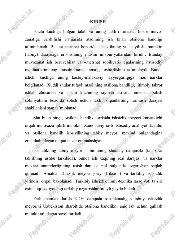 icha statistik ma’-lumotlarning noaniqligi tufayli xozirgi sharoitda bunday meyorni xisoblash ancha mushkul. yuqori darajadagi inflyatsion usish bulmagan sharoitda tabiiy ishsizlik meyori uni darajasi buyicha soddalashtirilgan variant buyicha xisoblash imkonini beradi. ammo, uzbekistonda xozircha inflyatsion usishning barqaror va past darajasiga (2-4%) erishil-gani yuq. shu bilan birga, mamlakatda yashirin ishsizlikning mavjudligi muammoni yanada chigallashtiradi. shuning uchun otsilona bandlik natijasida yuzaga kelishi mumkin bulgan tabiiy ishsizlik darajasi turrisida bir-gina kursatkich orqali muloxaza qilish mumkin emas. tabiiy ishsizlik turrisida yetarli darajada tasavvur xosil qilish uchun bir qancha kursatkichlar tizimidan foydalanish lozim. uzbekistonda tabiiy ishsizlik darajasiga erishishning barcha demografik, ijtimoiy, iqtisodiy va boshqa jixatlari quyidagi mezonlarda uz aksini topadi: mexnat bozo-rining samarali rivojlanishini yuqori kursatkichi - axolini ish bilan oqilona band-ligini shakllanishi; yollanma ishchi kuchiga mexnat xaqini (narxini) eng past miyedorini axoli jon boshiga turri keladigan minimal iste’mol byudjetidan kam bulmagan xolda bel-gilanishi; ishchi kuchiga talab va uning taklifi urtasida muvozanatga erishish. xalqaro mexnat tashkiloti …