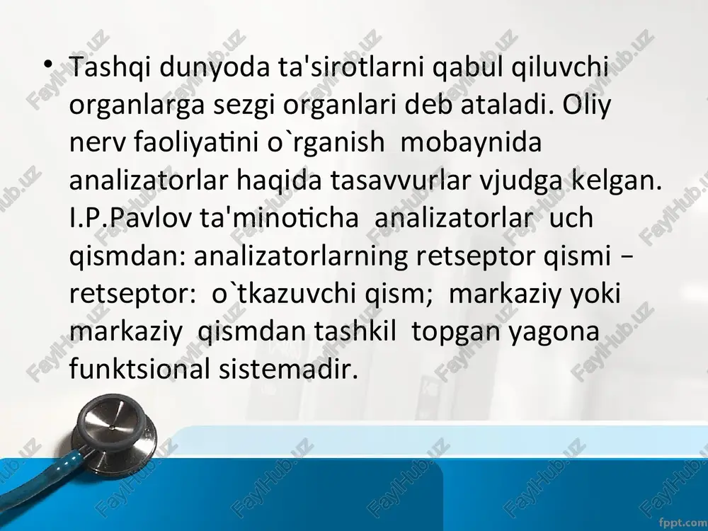 boradi. teridagi temperatura o`zgarishlari ikki xil retseptorlari bilan qabul qilinadi. tashqi dunyoni sezishda teri analizatori muhim rol o`ynaydi. terida taktil, og`rik va temperatura ta'surotlarini qabul qilib oluvchi retseptorlar joylashgan. teri analizatorining nerv markazi bosh miya yarim sharlar po`stlog`ining orqa markazi bosh miya yarim sharlar po`stlogining orka markaziy chuqurligida joylashgan bo`ladi. teri sezgisi: og`riq, issiq, sovuq, tegish va bosim turlariga bo`linadi. taktil sezgisi tegish va va bosim sezgilaridir. taktil retseptorlari barmoq uchlarida, kaftning ichki yuzasida, oyoq panjasi tagida, tilning uchida ko`proq joylashgan. terida hammasi bo`lib 500.000 retseptorlar bor. yangi to`g`ilgan bolalarda taktil sezgisi yaxshi rivojlangan. ularda va ko`krak yoshidagi bolalarda og`iz, ko`z, lab, kaftning ichki yuzasi, oyoq tagi sezgirroq bo`ladi. odamning 35 – 40 yoshida sezgirligi eng yuqori bo`lib, so`ng kamaya boradi. teridagi temperatura o`zgarishlari ikki xil retseptorlari bilan qabul qilinadi. ta'm bilish analizatori. og`iz bo`shlig`idagi shilliq qavatning epiteliyasida yumaloq yoki oval shaklidagi ta'm sezish piyozchalari joylashgan. har bir piyozchada 2-6 …