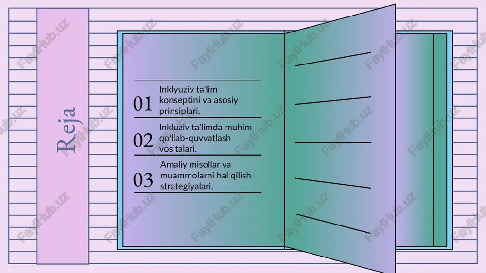 o'llanmalar, metodik resurslar va texnologik yordamlar muhim. masalan, vizual yordamchilar, audiovizual texnologiyalar va interaktiv dasturlar tushunishni oshiradi. oila va jamiyatning qo'llab-quvvatlashi muvaffaqiyat uchun muhimdir. 1 2 o'qituvchilar uchun qo'llab-quvvatlash strategiyalari o'qituvchilarni tayyorlash va malakasini oshirish muhim ahamiyatga ega. ular uchun maxsus kurslar, seminarlar va treninglar tashkil etiladi, bu pedagogik metodlar va inklyuzivlik prinsiplari bo'yicha bilimlarni kengaytiradi. amaliy ko'nikmalarni rivojlantirish uchun psixologik va pedagogik treninglar o'tkaziladi. bu, o'qituvchilarga murakkab vaziyatlarni boshqarish va individual yondashuvlarni qo'llashda yordam beradi. o'qituvchilar va ota-onalar o'rtasidagi hamkorlikni rivojlantirish muhim. bu, o'quvchilar uchun individual yondashuvlar va muammolarni hal qilishda muhim rol o'ynaydi. photo by kateryna hliznitsova on unsplash 1 2 3 amaliy misollar: inklyuziv ta'lim inkluziv ta'limda amaliy misollar sifatida, maxsus ehtiyojlarga ega o'quvchilarga moslashtirilgan darslar, inklyuziv sinflar tashkil etish va individual yondashuvlar ko'rsatiladi. bu usullar o'quvchilarning rivojlanishini ta'minlashda muhim rol o'ynaydi. o'qituvchilar va ota-onalar o'rtasidagi hamkorlik, muvaffaqiyatlar va qiyinchiliklarni tahlil qilish inklyuziv ta'limni amalda qo'llashda muhimdir. …