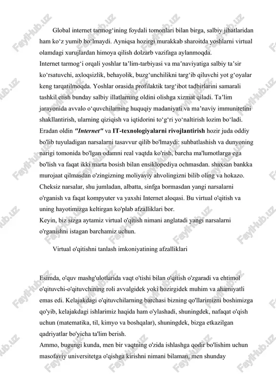 , nafaqat o'qish uchun (matematika, til, kimyo va boshqalar), shuningdek, bizga etkazilgan qadriyatlar bo'yicha ta'lim berish. ammo, bugungi kunda, men bir vaqtning o'zida ishlashga qodir bo'lishim uchun masofaviy universitetga o'qishga kirishni nimani bilaman, men shunday holatdaman yuzma-yuz yoki virtual hech qanday o'qitish boshqasini almashtirmasligi kerakva ikkalasi ham mukammal bir vaqtda mavjud bo'lishi mumkin (xuddi kitob va misolida bo'lgani kabi "elektron kitob", ikkinchisi paydo bo'lganda "adabiyotshunoslar" orasida bunday shov-shuvni keltirib chiqardi). yuzma-yuz o'qitish sizga har doim o'qituvchilar bilan ham, sinfdoshlar bilan ham shunday yaqinlikni olib keladi, virtual qancha urinmasin, u hatto yaqinlashmaydi. biroq, virtual o'qitishning boshqa afzalliklari ham bor, ular ham diqqatga sazovordir: · bilan o'qing to'liq moslashuvchan jadval: siz uni o'zingizning ehtiyojlaringiz va / yoki majburiyatlarga moslashtirasiz. bu yuzma-yuz o'qitishda aqlga sig'maydi (ular ro'yxatlarni o'tqazishadi va qatnashuvchilar etishmayapti, barcha sinfdoshlaringiz bilan bir vaqtda kun tartibiga rioya qilish kerak, ba'zi mashg'ulotlar va boshqalar). · katta narsa bor talabalar o'rtasidagi hamkorlik va …