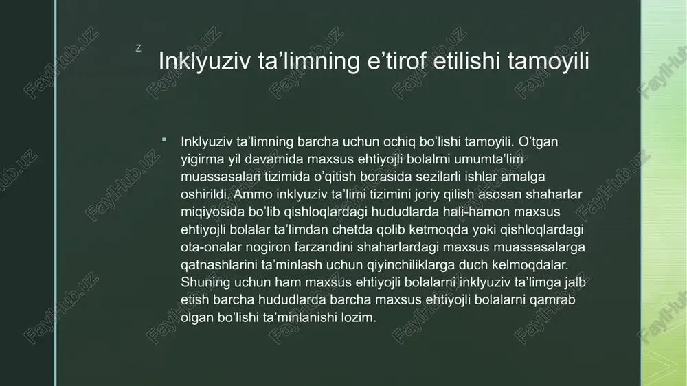 h uchun markazlashmagan holda olib borilishi kerak va imkoniyatlar mahalliy sharoitlarga moslashtirilishi lozim. optimal integrasiya erishish uchun markazlashtirilmagan bo’lish muhimdir. bu ayniqsa qishloq sharoitlarida ayni muddao bo’ladi. inklyuziv ta’limning vazifalari nogiron bolalarga o’z ota-onalari baln birga bo’lish, ularga xuddi tengdoshlari kabi o’zlariga yaqin bo’lgan maktablarda ta’lim olish imkonini beradi. bu ularning shaxsiy sifatilarining shakllanishida muhim ahamiyatga ega. z z markazlashtirilmagan bo’lishi tamoyili nogiron bolalarga ularga nogiron deb faqatgina nuqson jihatdan yondashishi emas, balki bu bolalrga har tomonlama yondashish lozim. bu esa maxus ehtiyojli bolalar uchun ta’lim masalasini rejalashtirayotgan uning butun hayoti davomida yuzaga kelishi mumkin bo’lgan ehtiyojini hisobga olgan holda tuzishni talab etadi. bundan tashqari inklyuziv ta’limda nogiron boladagi mavjud nuqonlarni bartaraf etish, korreksiyalash, kompensasiya qilish bilan bir qatorda bilim ko’nikmalarga ega qilish, kasb hunarga o’rgatish ishlarini parallel ravishda olib borish talab etiladi. bu tamoyilning mohiyatida maxsus ehtiyojli bolalarga ilk yosh davrida erta yondashish ham yotadi. maxsus ehtiyojli bolalar ta’limi …