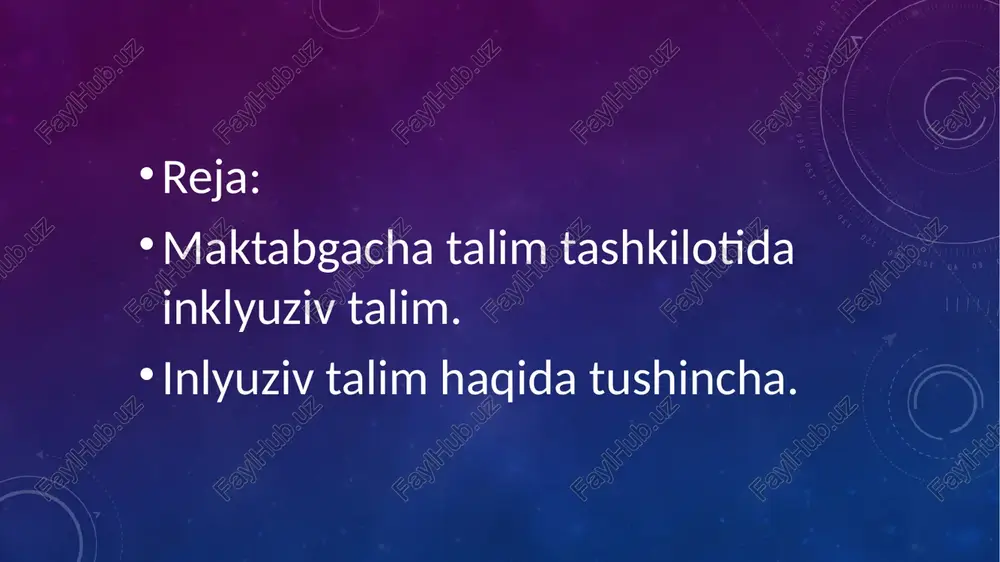 im muassasalarini maxsus moslamalar (ko‘tarish qurilmasi, pandus, tutqich va boshgalar), shuningdek tegishli kadrlar (maxsus pedagog, bolalarni ruhiy-pedagogik kuzatish bo'yicha mutaxassislar) bilan ta’minlash; +alohida ta’lim ehtiyojlari bo'lgan bolalarning moslashishi va_integratsiyasi uchun maktab-internatlarni bosqichma-bosqich maxsus jihozlar bilan ta’minlash va boshqalar. boshqalar, inklyuziy ta’lim bu o'zi nima? inklyuziv - (inklyuziya - inglizcha [inclusion] - uyg*unlashish) hamkorlikdagi ta’lim bo'lib, butun dunyo hamjamiyati tomonidan eng samarali, eng insonparvar ta’lim sifatida tan olingan. imkoniyati cheklangan bolalarni maktabgacha ta’lim tashkilotlariga sog‘lom tengdoshlari bilan birga ta’lim olishidir. inklyuziv ta’lim pedagog xodimlar va ota-onalar tomonida ta’lim jarayoniga ijodiy yondashuyni o'zida aks ettiradigan tabiiy jarayon hisoblanadi. inklyuziv ta’lim rasmiy ta'lim tushunchasidan ancha kengrog. bu ta’limda ko‘prog o‘qishda, o‘rganishda imkoniyati cheklangan bolalar bilan ishlanadi. inklyuziv bog'chada tarbiyachi qanday sifatlarga ega bo'lish kerak? inklyuziv ta’limda o‘qituvchining kasbiy mahorati bosh omil hisoblanadi, avvalo, o'qituvchi inklyuziv taffakkurga ega bo'lishi va ta’lim sifati ma’suliyatini o'z zimmasiga olishi shart inklyuziv ta’lim berish o‘gituvchilar ishi sifatining asosiy …