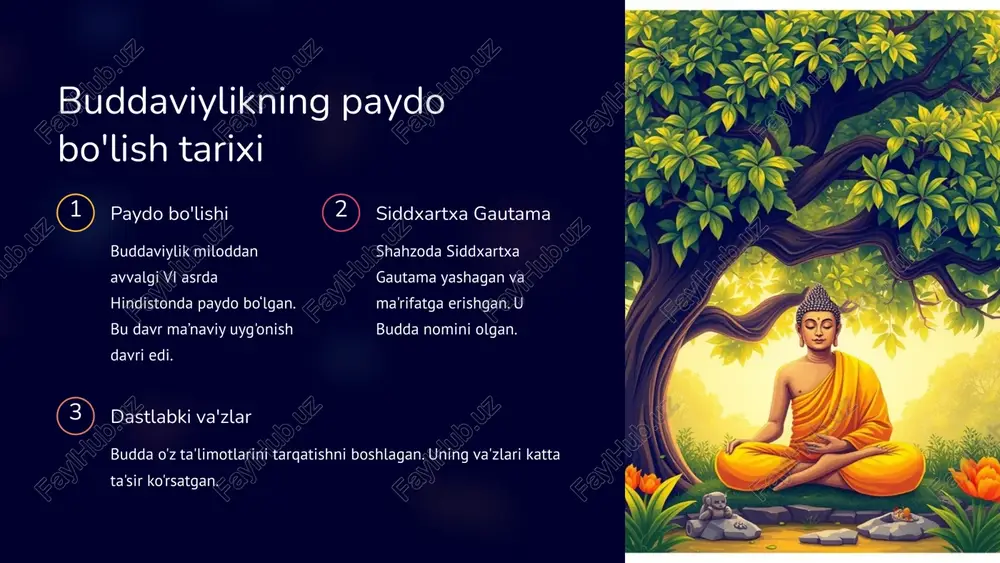 ksaltirish va konsentratsiya. 6 buddaviylik oqimlari vajrayana tibet, maxsus amaliyotlar. mahayana sharqiy osiyo, keng qamrovli. theravada janubi-sharqiy osiyo, konservativ. 7 asosiy oqimlar theravada janubi-sharqiy osiyoda keng tarqalgan konservativ oqim. asosiy e'tibor rohiblikka va individual ma'rifatga qaratilgan. mahayana sharqiy osiyoda keng tarqalgan keng qamrovli oqim. boshqa jonzotlarning najotiga e'tibor qaratadi. vajrayana tibet va unga yaqin hududlarda keng tarqalgan. maxsus amaliyotlar va tantrik yo'llarga asoslangan. 8 buddaviylik manbalari 1 tripitaka (tipitaka) buddizmning eng muhim matni. u uch qismdan iborat. bu matnlar rohiblik qoidalari, buddaning va'zlari va falsafiy g'oyalarni o'z ichiga oladi. 2 sutra buddaning nutqlari va suhbatlari yozilgan yozuvlar. ular ma'naviy yo'l-yo'riq beradi. sutralar turli oqimlarda farq qiladi. 3 vinaya rohib va rohibalarning hayot qoidalari. jamiyatdagi tartibni belgilaydi. bu qoidalar monastir hayotini tashkil etadi. 9 xulosa ma'naviy ahamiyat buddaviylik insoniyat ma'naviy hayotida muhim o'rin tutadi. u ichki tinchlikka chorlaydi. tinchlikka hissa din tinchlik va hamjihatlik g'oyalariga katta hissa qo'shgan. dunyo dinlari orasida …