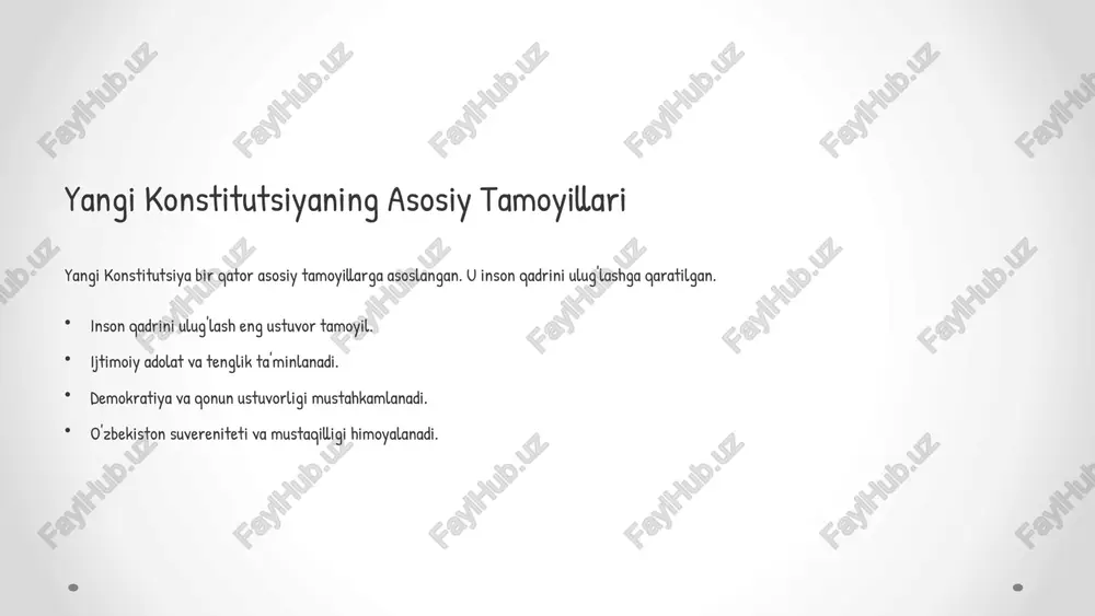 gi konstitutsiyaning ahamiyati 1 barqaror rivojlanish o'zbekistonni ta'minlaydi. 2 demokratik o'zgarishlar chuqurlashadi. 3 jamiyat mustahkamlanadi fuqarolik jamiyati mustahkamlanadi. 4 xalqaro obro' o'zbekistonning obro'si oshadi. 9 xulosa mustahkam poydevor yangi konstitutsiya yangi o'zbekistonning mustahkam poydevoridir. fuqaro ishtiroki har bir fuqaroning ishtiroki va mas'uliyati juda muhimdir. porloq kelajak o'zbekistonning porloq kelajagi uchun birgalikda harakat qilishimiz kerak. 10 image2.png image3.png image4.png image5.png image6.png image7.png image8.png image9.png image10.png image11.png image12.png image13.png image14.png image15.png image16.png image17.png image18.png image19.png image20.png image21.png image22.png image23.png image24.png ( a py n nye do