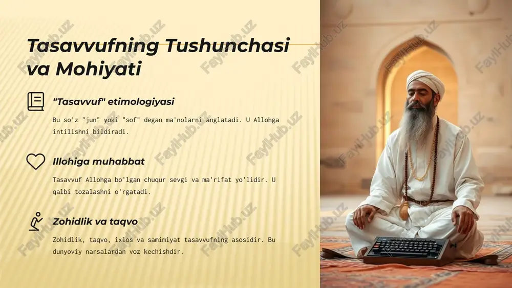 ul-vujud borliqning birligi, barcha mavjudotning bir manbadan ekanligi (ibn arabiy ta'limoti). birlik g'oyasi. ma'rifat allohni qalban tanish, haqiqatga erishish. bu ilohiy bilishdir. 7 tasavvufning adabiyotga ta'siri rumiy "masnaviyi ma'naviy" asari tasavvufiy g'oyalar bilan boyitilgan. bu daho asardir. farididdin attor "mantiq ut-tayr" asarida qushlar orqali allohga intilish tasvirlangan. simvolik asar. alisher navoiy "xamsa" asarida tasavvufiy motivlar ko'p uchraydi. u she'riyatni boyitgan. 8 tasavvufning islom olamidagi roli ma'naviy tarbiya axloqiy kamolotga erishishga yordam beradi. insonni tozalaydi. tinchlik va hamjihatlik jamiyatda tinchlikni mustahkamlaydi. u guruhlararo uyg'unlikni targ'ib qiladi. madaniy meros islom madaniy merosini saqlash va rivojlantirishga hissa qo'shgan. u san'atni ilhomlantirgan. 9 xulosa 1 ma'naviy qism tasavvuf islomning chuqur ma'naviy qismidir. 2 allohga yo'l insonni allohga yaqinlashtiruvchi yo'ldir. 3 ahamiyatli ta'limot bugungi kunda ham o'z ahamiyatini yo'qotmagan. 10 image3.png image4.png image5.png image6.png image7.png image8.png image9.png image10.png image11.png image12.png image13.png image14.png image15.png image16.png image17.png image18.png image19.png image20.png image21.png image22.png image23.png image24.png image25.png image26.png image27.png …