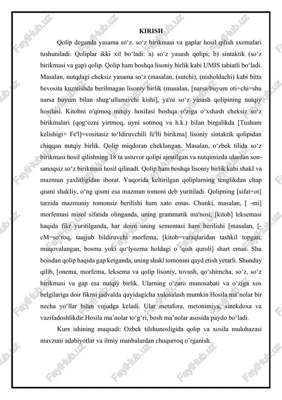 [kitob=varaqlaridan tashkil topgan, muqovalangan, bosma yoki qo‘lyozma holdagi o 'qish quroli] shart emas. shu boisdan qolip haqida gap ketganda, uning shakl tomonini qayd etish yetarli. shunday qilib, [onema, morfema, leksema va qolip lisoniy, tovush, qo‘shimcha, so‘z, so‘z birikmasi va gap esa nutqiy birlik. ularning o‘zaro munosabati va o‘ziga xos belgilariga doir fikrni jadvalda quyidagicha xulosalash mumkin hosila ma’nolar bir necha yo‘llar bilan vujudga keladi. ular metafora, metonimiya, sinekdoxa va vazifadoshlikdir.hosila ma’nolar to‘g‘ri, bosh ma’nolar asosida paydo bo‘ladi. kurs ishining maqsadi: ozbek tilshunosligida qolip va xosila mulohazasi mavzuni adabiyotlar va ilmiy manbalardan chuqurroq o’rganish. i bob.tilshunoslikda lisoniy qolip tushunchasi 1.1. lisoniy sintaktik qolip haqida fonetika, leksika va morfologiyada bo’lganligi kabi sintaksisda ham lisoniy va nutqiy jihatlar farqlanadi. ma‘lumki, lisoniy hodisalar bevosita kuzatishda berilmaganlik (moddiylikdan xolilik), miqdoran cheklilik, takrorlanuvchanlik, ijtimoiylik va majburiylik belgilariga ega bo’lib, bevosita kuzatishda berilganlik, miqdoriy cheklanmaganlik, betakrorlik, individuallik, ixtiyoriylik sifatlariga ega bo’lgan nutqiy hodisalarga qarama-qarshi turadi. nutqiy sintaktik …