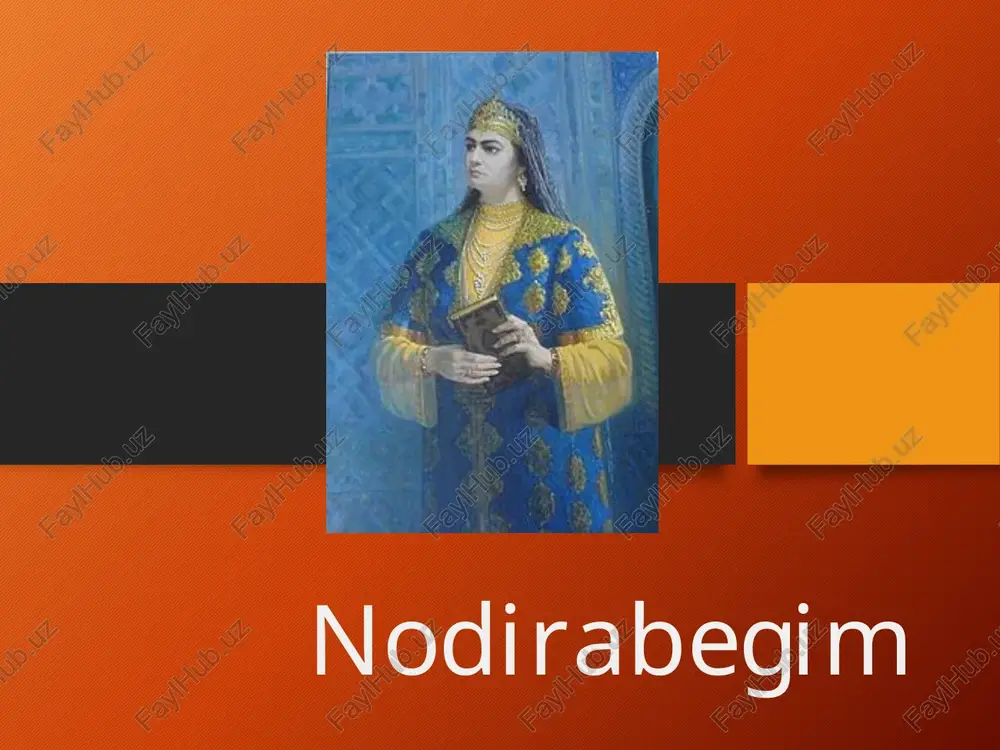 nni, ukasi sulton mahmudxonni, 14 yashar oʻgʻli muhammad aminxonni va n.ni foji-ali ravishda oʻldiradi. nodirabegim merosi n.ning adabiy merosi oʻz gʻoyaviybadiiy ahamiyati nuqtai nazaridan mumtoz sheʼriyatning goʻzal namunalaridandir. uning tula boʻlmagan o'zbekcha devoni oʻzbekiston fa sharqshunoslik in-ti fondida satslanadi (inv.№ 4132). devonga n.ning 109 (yoki 1704 misra) gazali kiritilgan. n.ning uzi yozgan de-bochada tarjimai holiga oid baʼzi muhim maʼlumotlar berilgan. 19-a.dakoʻchirilgan, hoz. oʻzbekiston fa tarix muzeyi arxivida saqlanayotgan devonda n.ning "komila" taxallusi bilan yozgan 19 (328 misra) gʻazali borligi aniklangan. 1962 y.da namanganda shoiraning mukam-mal devoni topildi. oʻzbekiston fa alisher navoiy nomidagi davlat ada-biyot muzeyida saqlanayotgan (inv. № 313) bu devon shoiraning merosini toʻliq qamrab olgan, deyish mumkin. bunda shoira yozgan debocha mukammal berilgan. devonda shoiraning "nodi-ra" taxallusi bilan yozgan 180 sheʼri jamlangan (shulardan 136 tasi oʻzbek tilida, 44 tasi tojik tilida). jumladan, 11 muhammas, 2 musaddas, 1 musamman, 1 tarjiʼband, 1 tarkibband va 1 firoqnoma ham bor. oʻzbekiston fa …