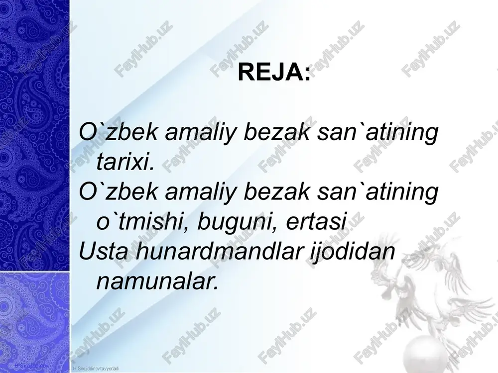 shlarga tabiat go'zalligini, ona vatanimizning tarixini, milliy merosimizning tarixini tariflab bera olmaydi, hamda o'z kasbiga kiziktira olmaydi. o`zbek amaliy bezak san`atining o`tmishi, buguni, ertasi bugungi talaba, bo'lajak pedagog, o'zbek xalqining hamda o'tmiish bor bo'lgan markaziy osiyo xalqlarining amaliy va tasviriy san'at borasidagi noyob namunalirini o'zlashtirgan bo'lishi va to'laligicha o'quvchi yoshlarga ulashmogi ayni davr talabidir. shu sababli bo'lajak rassom-pedagoglarga quyidagi talablar yo'qlanadi; - o'zlari ta'lim berishi lozim bo'lgan o'smir va yoshlarga san'at sirlarini, uning meros namunalarini har tomonlama o'rgatish; - ayni yangi lanish. rivojlanish davri yosh avlodni bilimdon, yaratuvchan, yuksak madaniyatli va mustaqil mamlakat takdiri uchun masul shaxslar qilib tarbiyalash; amaliy-bezak san'atining asosiy badiiy usuli - naqsh, shuningdek buyum tashqi bezalishining unsurlari, masalan, mebelning turli xil naqshlari yoki jonvorlar figuralari ko‘rinishidagi detallari. xviii asrdan e'tiboran faqat tanishtiruv maqsadlariga xizmat qiluvchi buyumlarni tayyorlash bezaklash san'atining alohida sohasi sifatida ajralib chiqa boshlaydi. bu, misol uchun, turli xildagi marosimbop buyum, tantanavor xonalarning ichki bezaklari, …