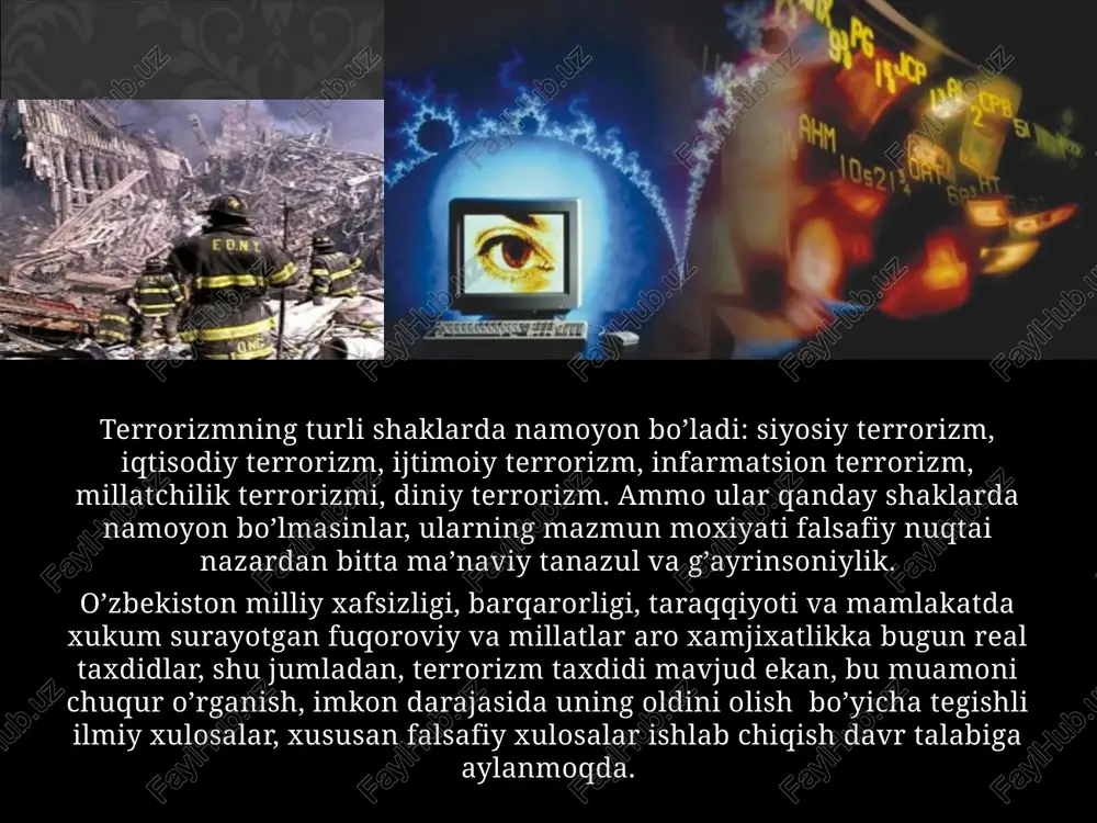 ilik va terroristik harakatlar ham ana shunday natijalarga olib kelishi ehtimoli yo'q emas. xalqaro terrorizm hozirgi zamon umumbashariy muammolari yangi ko`rinishi bugungi dunyoda mafkuraviy jarayonlar o‘zining g‘oyatda keng ko‘lami va ta’sir doirasiga ko‘ra kengayib bormoqda. bu jarayonlar millat, hudud, qit’a tanlamayotgani bilan ajralib turadi. mazkur holat esa turli mafkuraviy vositalar va tashkilotlarning umuminsoniy maqsad atrofida birlashishlari kerakligini ko‘rsatmoqda. vujudga kelgan ushbu holatda markaziy osiyodagi mafkuraviy jarayonlarni to‘g‘ri tahlil etish va unda shanxay hamkorlik tashkiloti (shht)ning o‘rnini ko‘rsatish juda muhim. hozirgi paytda ro’y berayotgan ayrim salbiy qolatlar nojo’ya xatti – qarakatlar, yovuz ishlar avvalo mafkuraviy bo’shliq tufayli sodir bo’lmoqda. nega deganda, hali hayotiytajribaga ega bo’lmagan, oq – qorani tanib ulgurmagan yoshlar qar turli ta'sirlarga beriluvchan bo’ladi. misol uchun, ba'zi yoshlarni yo’ldan chalqitayotgan diniy ekstremizm xavfini olaylik. bu xatarli oqim o’ziga xos tarixga ega. xususan, 80 – yillarning oqirida mamlakatimizga o’zini “do’st”, “dindosh”, “millatdosh” qilib ko’rsatib, go’yo islom dinining sofligi uchun kurashga …