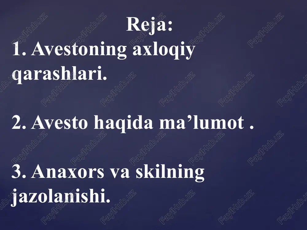 .kichik avesto. quyosh, oy, ardvisura, varxra kabi xudo va ma’budalar madh etilgan ibodat qo’shiqlari beriladi. «avesto»da ilk foniy odam – gaya marta haqida rivoyatlar keltirilgan. u zardo’shtiylikda yer yuzida yashagan birinchi odam sifatida tasavvur etiladi. o’rta asr manbalarida uning nomi gavomard, gayomat, gopat shoh, qo’bodshoh, kayumars tarzida bitilgan. gaya marta ikki vujudli, ho’kiz va odamdan tashkil topgan. uni ezgulik xudosi axura mazda dantiya daryosining bo’yidagi ar’yana vejada yetmish kun mobaynida yaratgan. odam boshli, ho’kiz qiyofasidagi haykalchalar o’zbekiston (jumladan, samarqand shahri yaqinidagi tali barzu tepaligi, xorazm viloyatining shovot tumani hududi)dan topilgan. «avesto» eramizdan oldingi vii asrning oxiri va vi asrning boshlarida yaratilgan. uning qadimgi qismlari miloddan avvalgi 2000-1000 yillarga taalluqli, deb qaraladi. «avesto»ning qisqargan shakli «zand avesto» deb nomlangan. u pahlaviy, sanskrit (qadimgi hind) tiliga tarjima qilingan va sharhlar bitilgan. u bir necha marta yevropa tillariga, jumladan, rus tiliga ham ag’darilgan. «avesto»ni o’zbek kitobxonlari a.mahkam, m.isoqov va boshqalar tarjimasida o’qishmoqda. yaxshilik …