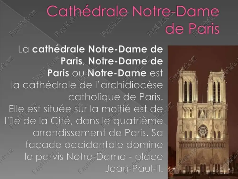 oject de francais- cathédrale notre dam... marycesarano exposé sur n larchitecture gothique houmour sabrine most read most read most read 6of7 on pense qu’au début de l'ére chrétienne il existait a l’'emplacement de notre- dame, un temple paien gallc romain dédié a jupiter (comme en atteste découverte du pilier des nautes), ensuite remplacé pc une op , lati grande basilique paléochrétie nne semblable aux basiliques civiles antiques. on ne sait pas si cet edifice, dédié a sai etienne, a été élevé fin du lv siécle et re recommended l’excursion de kiev 6¢3 sigeo ee excursion dt ktgg architecture religieuse project de francais- marycesarano exposé sur larchitecture gothique houmour sabrine cathédrale notre dam... ~ cetucllement, ba catlurereti tie amet sa an du nouveau rile du aidge de larchidiocdre de pario. on y voit toute en plus deo wines romaines sécouvertes on 1991. la cathédrafe abrite de nombrouree visite par jour, parque …