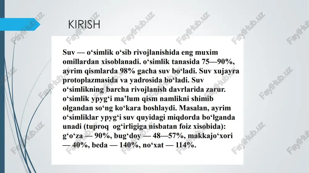 lorodni namlaydi. 2.inson jismini haroratini boshqaradi. 3.organizmda oziq moddalarni o’zlashtirilishida ko’maklashadi. 4.hayot uchun muhim organlarni himoya qiladi. 5.qon tomirlarni malhamlab turadi. 6.ovqatni energiyaga aylanishiga yordam beradi. 7.modda almashinuvida ishtirok etadi. 8.organizmdan turli keraksiz va zararli moddalarni olib chiqib ketadi. insonning hamma organizmi me’yorida ishlashi uchun 1 kecha kunduzda eng kamida 2 litr suv iste’mol qilishi kerak. suvsiz organism 5 kunda nobud bo’ladi. adabiyotlar 1. matyakubov b. sh., kasimbetova s.a., bekmirzaev g. t. “tuproq, o‘simlik, suv bog‘liqligi”. tiqxmmi. 2019y. xamidov m.x., shukurlayev x.i., mamataliyev a.b. “qishloq xo‘jaligi gidrotexnika melioratsiyasi”. toshkent. sharq. 2008. -408 bet. 2.xamidov m.x., shukurlayev x.i., mamataliyev a.b. “qishloq xo‘jaligi gidrotexnika melioratsiyasi”. toshkent. sharq. 2008. -408 bet. 3. raximbayev f.m., xamidov m.x. “qishloq xo‘jaligi melioratsiyasi”. tashkent. mehnat. 1996. -328 bet. 4. kostyakov a.n.osnovi melioratsii, m.: selxozgiz, 1960 g.-604 str. y © ovsimukiardasuvniharak x —@ powerpoint presentation xt cg 6 staff.tiiame.uz/storage/users/803/presentations/rkr}gbbnrbchsberwyo3zqwznofwsztiynomifw4. pdf * o14 8 =) = powerpoint presentation 3/14 …