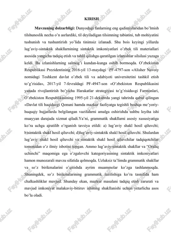 k shakllar va “oraliq uchinchi” maqomiga ega o’zgalovchi kategoriyasining sintaktik imkoniyatlari hamon munozarali mavzu sifatida qolmoqda. uzluksiz ta’limda grammatik shakllar va so’z birikmalarini o’qitishda ayrim muammolar ko’zga tashlanmoqda. shuningdek, so’z birikmalarining grammatik tuzilishiga ko’ra tasnifida ham chalkashliklar mavjud. shunday ekan, mazkur masalani tadqiq etish zarurati va mavjud imkoniyat malakaviy-bitiruv ishining shakllanishi uchun yetarlicha asos bo’la oladi. i.bob. o’zbek tilshunosligida grammatik shakllarining o’rganilish tarixi 1.1.o’zbek tilshunosligida grammatik shakllarning milliy talqini va unda lug’aviy-sintaktik shakllarning o’rni ma’lumki, o’zbek tili qurilishiga doir tadqiqot, darslik va o’quv qo’llanmalarida tilning sistemaviy xarakteri haqida ko’plab fikr-mulohazalar bildirilgan, sintaktik sathning asosiy birliklaridan biri sifatida so’zlarning erkin bog’lanish omillari va ularni hosil qilishda bevosita ishtirok etuvchi lug’aviy- sintaktik shakllar turli ilmiy qarashlar va yondashuvlar asosida tadqiq etilgan. fanimizda “oraliq uchinchi” qonuniyati tadqiqi bilan bog’liq ma’lumotlar qimmatli manba sifatida qaraladi. o’zbek tilshunosligida g’.abdurahmonov, m.asqarova, sh.rahmatullayev, b.mengliyev, b.bahriddinova va s.nazarova kabi tilshunos olimlar yaratgan darslik, o’quv qo’llanma va ilmiy asarlarda …