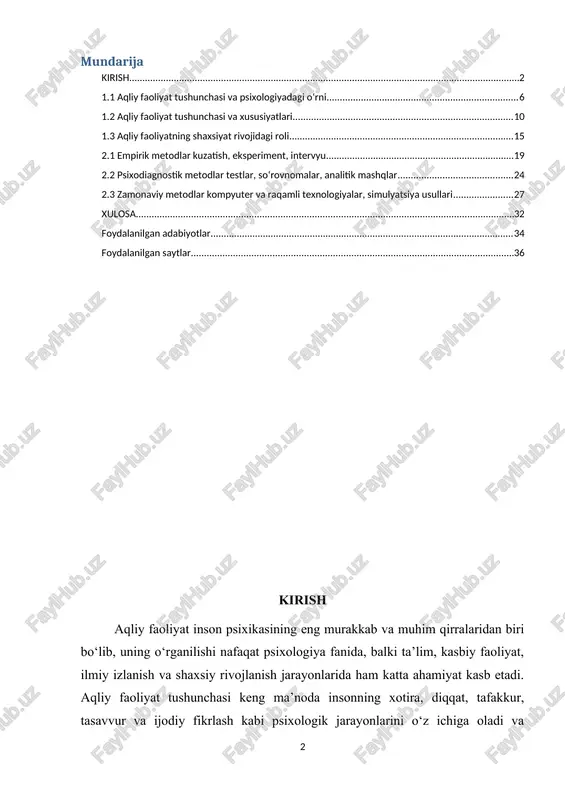 llaniladi. empirik metodlar, eksperiment, kuzatish, intervyu, psixodiagnostik testlar va raqamli texnologiyalar yordamida insonning aqliy jarayonlari va ularning o‘zaro bog‘liqligi aniqlanadi. psixometriya va statistik tahlil metodlari aqliy faoliyatni aniq va ishonchli o‘lchash imkonini beradi. [1: abdukarimov, sh. psixologiya asoslari. toshkent o‘zbekiston respublikasi oliy va o‘rta maxsus ta’lim vazirligi, 2018.] mavzuning dolzarbligi aqliy faoliyatni o‘rganish zamonaviy psixologiya va pedagogika fanlarida dolzarb masalalardan biridir, chunki insonning intellektual salohiyatini aniqlash, rivojlantirish va samarali qo‘llash jamiyat rivoji va shaxsiy muvaffaqiyat uchun muhimdir. bugungi kunda ta’lim jarayonida o‘quvchilarning va talabalarining individual aqliy xususiyatlarini hisobga olgan holda o‘qitish metodikalarini ishlab chiqish muhim ahamiyatga ega. kasbiy faoliyatda aqliy jarayonlarni baholash va ularni rivojlantirish ish samaradorligini oshirish, muammolarga tez va to‘g‘ri yechim topishga yordam beradi. texnologik taraqqiyot va raqamli resurslarning keng qo‘llanilishi aqliy faoliyatni o‘rganishning yangi metodik yondashuvlarini talab qilmoqda. zamonaviy psixologik va pedagogik tadqiqotlar empirik tajribalar, eksperimentlar, psixodiagnostik testlar va raqamli metodlar orqali insonning intellektual va kognitiv jarayonlarini …