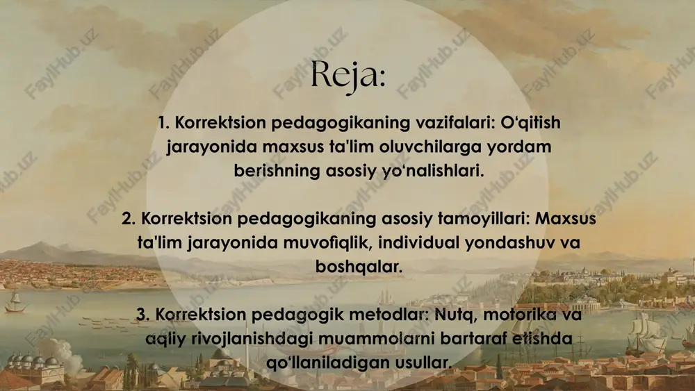 va materiallardan foydalanish, bolalarning rivojlanishida yuzaga kelgan qiyinchiliklarni bartaraf etishga yordam beradi. tamoyili muvofiqlik tamoyili: ta'lim jarayoni o‘quvchilarning yoshiga, aqliy va jismoniy holatiga mos ravishda tashkil etiladi. bunda o‘quvchilarning imkoniyatlari va ehtiyojlari hisobga olinadi. integratsiya tamoyili: maxsus ta'lim oluvchilarni jamiyatga to‘liq integratsiya qilishga qaratilgan yondashuvlar, ya'ni, ular o‘z imkoniyatlari va ijtimoiy muhitga mos ravishda o‘qitilishi kerak. korrektsion pedagogik metodlar korrektsion pedagogik metodlar: nutq, motorika va aqliy rivojlanishdagi muammolarni bartaraf etishda qo‘llaniladigan usullar korrektsion pedagogik metodlar maxsus ehtiyojlari bo‘lgan bolalarning rivojlanishidagi muammolarni hal qilishga yordam beradigan o‘qitish usullaridir. ushbu metodlar bolalarning nutq, motorika va aqliy rivojlanishidagi kamchiliklarni bartaraf etishga qaratilgan. ularning asosiy turlari quyidagilardan iborat: metodlar. 1. nutqni rivojlantirish metodlari: nutqni rivojlantirish uchun o‘qituvchilar maxsus mashqlar, o‘yinlar va faoliyatlar orqali bolalar bilan muloqot o‘tkazadilar. bu metodlar bolalarning so‘z boyligini oshirish, talaffuzni yaxshilash va og‘zaki ifoda qilish qobiliyatlarini rivojlantirishga yordam beradi. 2. motorikani rivojlantirish metodlari: bolalarning jismoniy rivojlanishini yaxshilash uchun motorika va …