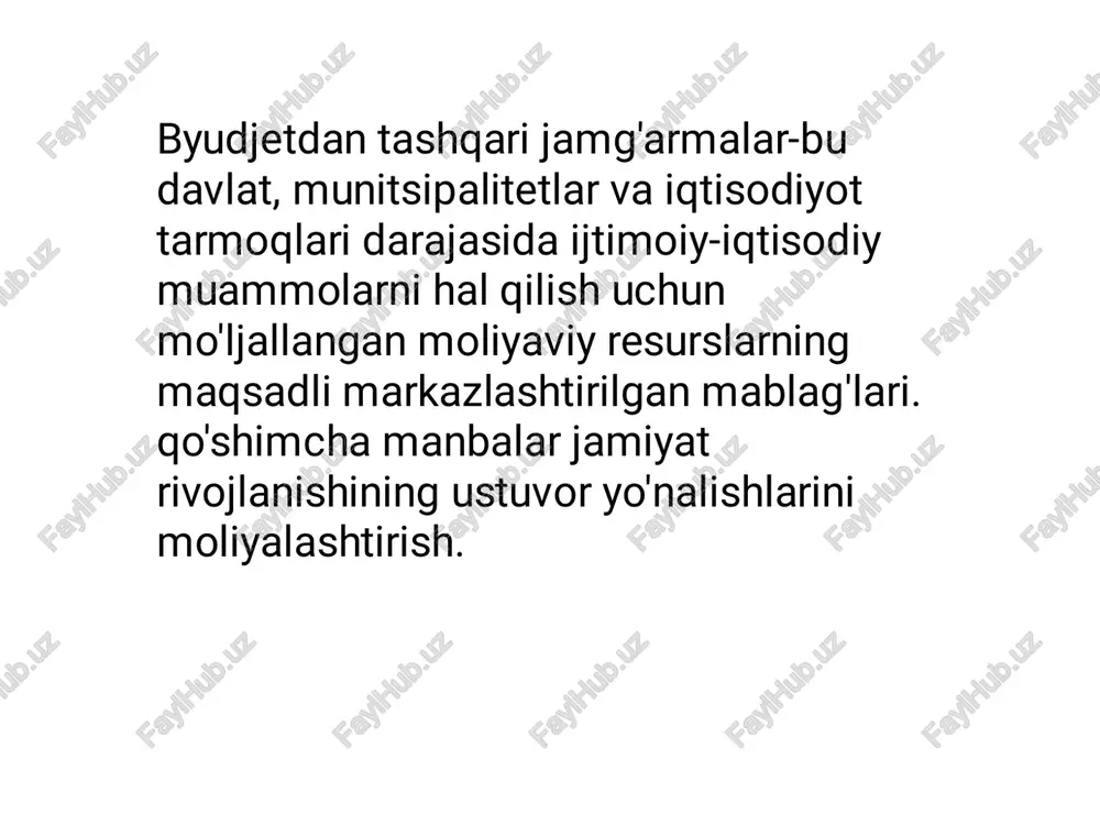 nadi: iqtisodiy, ijtimoiy, ilmiy-texnik, tashqi iqtisodiy, ekologik, madaniy- ma'rifiy va boshqalar; 2) dasturning kutilayotgan ishlash muddatiga yoki aniq maqsadlarni amalga oshirishning shartli rejalashtirilgan vaqtiga qarab, mablag 'cheksiz, uzoq muddatli yoki qisqa muddatli bo'lishi mumkin. ochiq fondga misol sifatida atrof-muhitni muhofaza qilish jamg'armasi, uzoq muddatli fond hisoblanadi mintaqaviy rivojlanish, qisqa muddatli - qochqinlarga yordam berish jamg'armasi; 3) muammolarni qamrab olish nuqtai nazaridan byudjetdan tashqari jamg'armalar umumiy xarakterga ega bo'lishi mumkin (mintaqaviy rivojlanish jamg'armasi) va aniqroq xarakterga ega bo'lishi mumkin (masalan, respublikada, hududda yoki mintaqada avtomobil yo'llarini rivojlantirish jamg'armasi); 4) boshqaruv darajasiga ko'ra mablag'lar davlat va mintaqaviy bo'linadi. byudjetdan tashqari mablag'larning daromad manbalariga quyidagilar kiradi: · tegishli fond uchun belgilangan maxsus maqsadli soliqlar va yig'imlar; · korxona, muassasa, tashkilot foydasidan chegirmalar; · byudjet mablag'lari; · yuridik shaxs sifatida fond tomonidan amalga oshiriladigan tijorat faoliyatidan olingan foyda; · fond tomonidan rossiya federatsiyasi markaziy banki yoki tijorat banklaridan olingan kreditlar. byudjetdan tashqari jamg'armalar ikki …