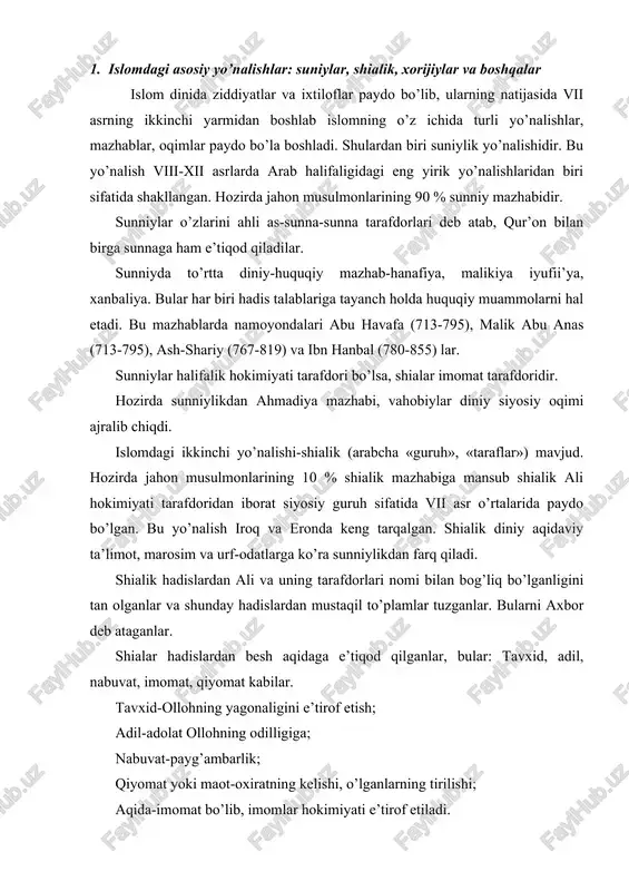 agonaligini e’tirof etish; adil-adolat ollohning odilligiga; nabuvat-payg’ambarlik; qiyomat yoki maot-oxiratning kelishi, o’lganlarning tirilishi; aqida-imomat bo’lib, imomlar hokimiyati e’tirof etiladi. shialik ali va uning avlodlaridan iborat o’n ikki imom hokimiyatini tan oldi. shialik shariatida ja’fariya mazhabi hukmrondir. ular imom husaynga motam tutib «shaxsey-vaxsey» motam yurishi o’tkazadilar. islomdagi xorijiylar yo’nalishi halifa ali va ummaviylar o’rtasidagi kurash jarayonida vujudga keldi. xorijiylar fikricha halifa diniy jamoa tomonidan saylanadi. xorijiylar haqiqiy dinni qayta tiklash tarafdorlari, oddiy xalq orzu-umidlarini ifodalagan ilk islom ideallari uchun kurashuvchilar sifatida maydonga chiqib, adolatli davlatni qayta tiklashni maqsad qilib qo’yganlar. 2- masala. so’fiylik ta’limotida komil insonni tarbiyalash g’oyasi so’fiylik ta’limoti viii asr oxiri ix asr boshlarida va o’rta osiyoda keng tarqaldi. so’fiylik butun sharq ma’naviy hayotida komil inson haqidagi g’oyalarning shakllanishida muhim rol o’ynadi. mazkur oqim vii-viii asrda arab mamlakatlarida, movaraunnahrda keng yoyildi. so’fiylik nazariyasiga ko’ra, dunyo-butun olam xudoning mujassamlanishi, xudo barcha ko’rinadigan narsalarda mavjud. dunyo-dunyoviy ruh shaklida butun olamga tarqalgan …