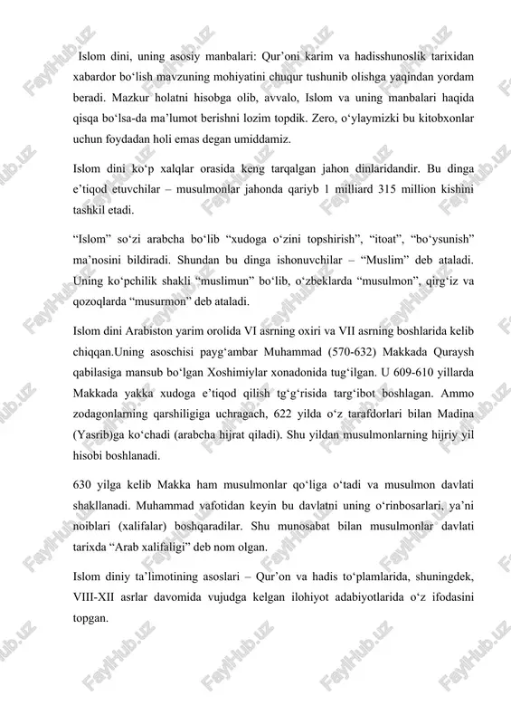 n. qur’on – arabcha o‘qimoq, qiroat qilmoq, jamlash ma’nolarini bildiradi. bu muqaddas kitob yer yuzi musulmonlarining dasturulamali, diniy ahkomlar manbai, asosiy muqaddas kitobi. qur’oni karim ilohiy kitob bo‘lib, u farishta jabroil alayhissalom tomonidan 610-622 yillarda makkada, 622-632 yillarda madinada, jami 23 yil mobaynida nozil etilgan. muhammad alayhissalom qur’on oyatlarini farishta jabroildan eshitib yod olar edilar. keyin boshqa musulmonlar u kishidan eshitib yodlab olishardi. ayni paytda yozishni biladigan sahobalar jumladan, abu bakr, umar, usmon, ali, zayd ibn sobit, ubay ibn ka’b (r.a.) kabi sahobalar oyatlarni yod olish bilan birga, ularni xurmo daraxtining po‘stlog‘iga, yapaloq toshlarga, katta suyaklarga, teriga, qog‘oz va shunga o‘xshash narsalarga qur’on oyatlarini yozib borganlar. payg‘ambar alayhissalom ularga yangi tushgan oyat qaysi suradan ekani va qayerda turishi lozimligini ko‘rsatib turganlar. muhammad alayhissalom hayotlik vaqtlarida, yana vahiy tushib qolar degan maqsadda qur’on jamlab kitob shakliga keltirilmagan. u kishining vafotlaridan keyin qur’on kishilarning qalbida, xotirasida va yozuvlarda saqlanib qoldi. payg‘ambar vafotlaridan …