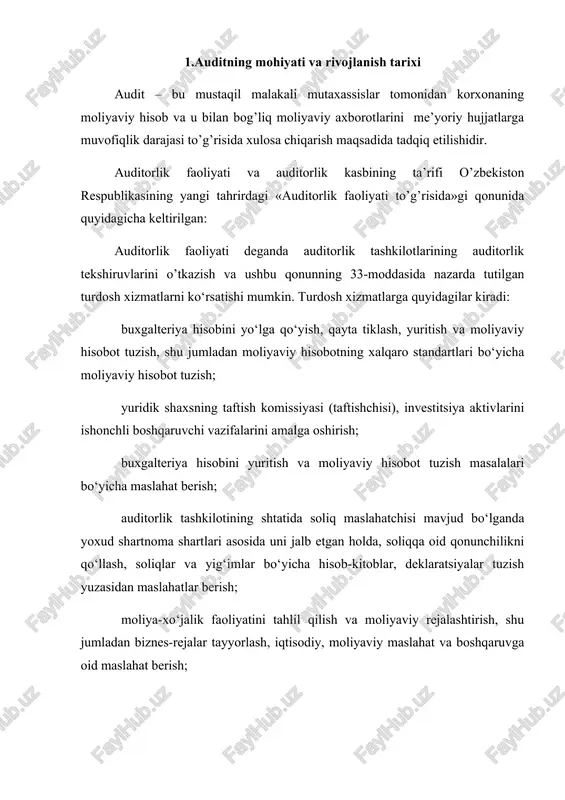 tkazish; buxgalteriya hisobini yuritishni avtomatlashtirish va moliyaviy hisobot tuzish, moliyaviy axborotning axborot xavfsizligi bo‘yicha tavsiyalar ishlab chiqish. auditorlik tashkilotlari auditorlik faoliyati standartlarida nazarda tutilgan boshqa turdosh xizmatlarni ham ko‘rsatishi mumkin (33-modda). birinchi ta’rifda auditning tafsiloti keng bayon etilgan bo’lsa, so’ngisida auditorlik faoliyati tekshiruv o’tkazish jarayoni bo’lishidan tashqari turdosh xizmat ko’rsatish bilan bog’liq tadbirkorlik faoliyati ekanligi ham ta’kidlangan. o’zbekistonda davlat hoqimiyati va boshqaruvi organlariga auditorlik faoliyatini amalga oshirish qonun bilan taqiqlangan. auditor – auditor malaka sertifikatiga ega bo’lgan jismoniy shaxsdir. 31-modda. auditorlik xizmatlarining turlari auditorlik tashkilotlari auditorlik tekshiruvlari va turdosh xizmatlari turidagi auditorlik xizmatlarini ko‘rsatadi. auditorlik xizmatlari auditorlik tashkiloti va auditorlik xizmatlari buyurtmachisi o‘rtasida tuzilgan shartnoma asosida ko‘rsatiladi. 32-modda. auditorlik tekshiruvi xo‘jalik yurituvchi subyekt moliyaviy hisobotining va u bilan bog‘liq moliyaviy axborotining auditorlik tekshiruvi tekshiriladigan moliyaviy hisobotning hamda u bilan bog‘liq moliyaviy axborotning ishonchliligini va buxgalteriya hisobi to‘g‘risidagi qonunchilikka muvofiqligini aniqlash maqsadida auditorlik tashkiloti tomonidan o‘tkaziladi. ishonchlilik deganda moliyaviy hisobot ma’lumotlarining …