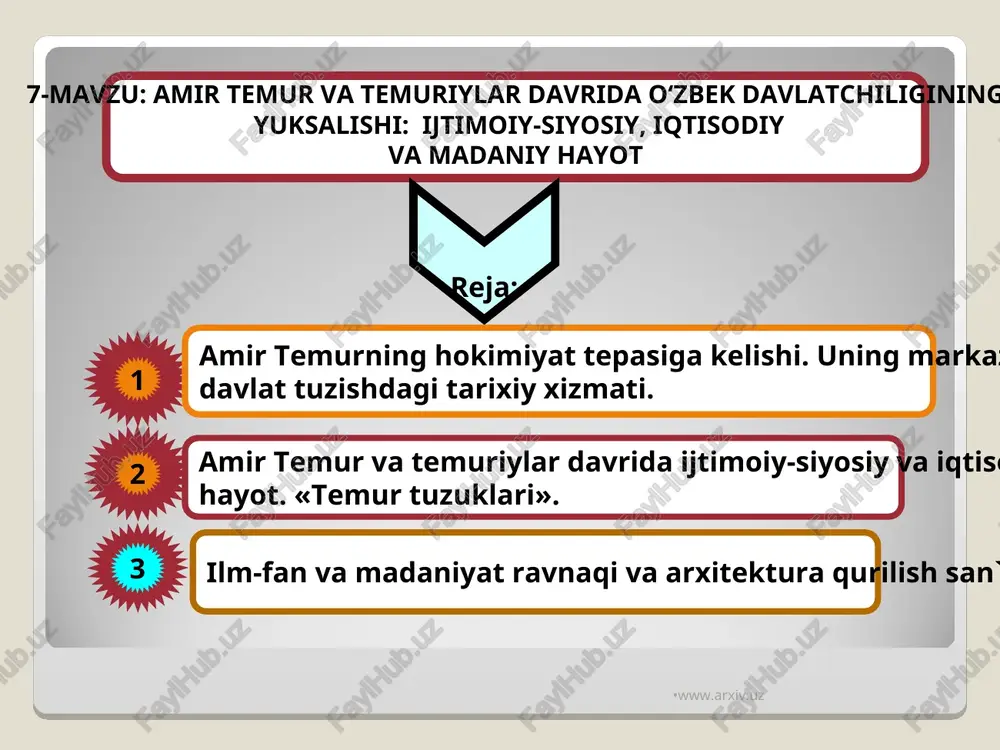 bartaraf etish. 1370-1371 - yillarda farg’ona, o’tror, yassi, toshkent, hisor, badaxshon, qunduzning bo’sundiryildi. 1381 - yili hirot, seiston, mozandaron, saraxs, sabzavorni bo’sundiriladi. 1371-1389 - yillarda jami 7 marta mo’g’uliston hukmdori amir qamariddinga qarshi jangu jadallar olib borish va sharqi, shimoliy hududlarning yurtga birlashtirilishi 1371 -1388 - yillarda xorazmdagi so’fiylar sulolasi hukmdorlariga qarshi olib borilgan urushlar va xorazmning yurt tarkibiga qo’shib olinishi www.arxiv.uz www.arxiv.uz amir temur –mutloq hukmdor devonbegi vazirlar maxfiy va ochiq kengashlar www.arxiv.uz www.arxiv.uz www.arxiv.uz amir temur davlatining ma'muriy tuzilishi saltanat ulus viloyat tuman (10 ming askar etkazib bergan) hazora (minglik) sada (yuzlik) daha (o'nlik) hokim moliya devoni boshlig'i qozi muftiy mutavalliy muxtasib adolat amiri viloyat va tuman boshkaruvlari mahalliy erkin jamoalar mahalla oqsoqollari kutvol (komendant) www.arxiv.uz amir temurning tashqi yurishlari 1381 — 84 yillar davomida amir temur eronning katta qismini egalladi. avval (1381) kalot, turshiz va sabzavor, keyin (1383) seistonning zireh. zova, farah va bust qal'alari, 1384 yilda …