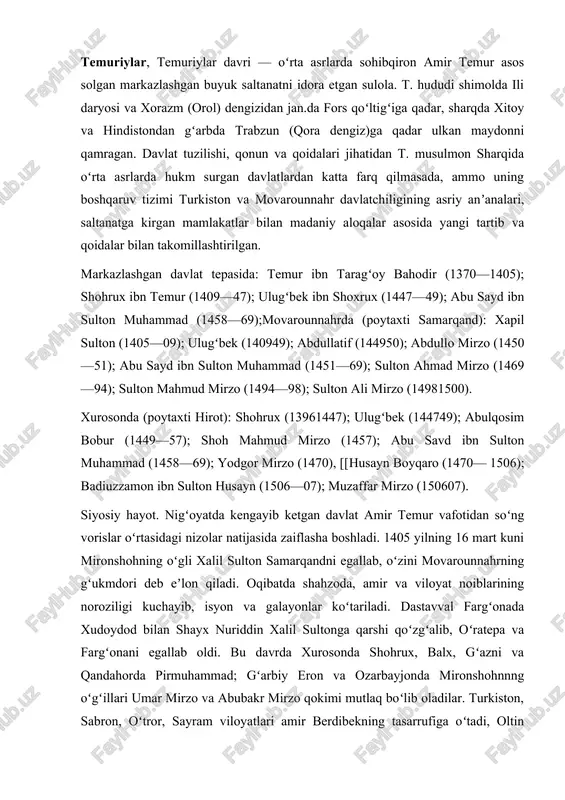 va fargʻonani egallab oldi. bu davrda xurosonda shohrux, balx, gʻazni va qandahorda pirmuhammad; gʻarbiy eron va ozarbayjonda mironshohnnng oʻgʻillari umar mirzo va abubakr mirzo qokimi mutlaq boʻlib oladilar. turkiston, sabron, oʻtror, sayram viloyatlari amir berdibekning tasarrufiga oʻtadi, oltin oʻrda amirlaridan idiku xorazmni zabt etadi. 1405 — 08 yillarda balx, xuroson, seyiston, kermon va ozarbayjonda temuriy shahzoda va ayrim amirlarning birinketin koʻtarilgan gʻalayonlari kuchayib ketadi. valiahd pirmuhammad bunday gʻalayon va fitnaning qurboni boʻladi (1407 y. 22 fev.). 1408 y. 22 apr. kuni qoraqoʻyunli turkmanlarning yetakchisi qora yusuf bilan boʻlgan jangda mironshoh halok boʻlib, ozarbayjon va iroq viloyatlari temuriylar qoʻlidan ketadi. 15-asrning 20y.larida bu ulkan mamlakat 2 davlatga boʻlingan edi. ulardan biri amudaryodan jan.da joylashgan boʻlib, uni shohrux boshqargan (markazi hirot sh.) edi. ikkinchisi esa, amudaryodan shim.da — movarounnahr va turkistonda vujudga kelib (poytaxti samarkand sh.) uni oʻlugʻbek idora etgan edi. ulugʻbek otasi shohruxning koʻmagi bilan avval (1413) xorazmni, soʻngra (1415) fargʻona …