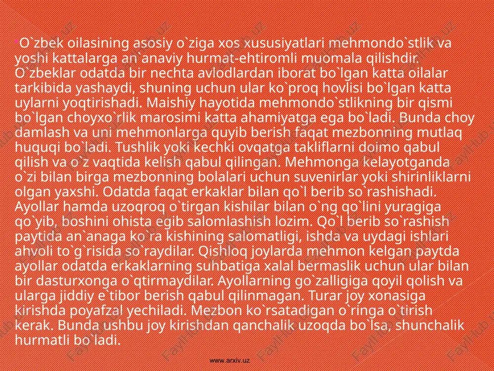 incha ular islom urf-odatlarining sehrgarlik amaliyoti bilan bog`liq bo`lgan undan ham qadimiyroq shakllarga uzviy kirib ketishini namoyon etadi. islom qabul qilinganidan beri ko`pgina oilaviy-maishiy urf-odatlar uning ta`sirida o`zgargan, o`zbeklarning hayotiga musulmon diiy marosimlari kirib kelgan. juma kuni bayram kuni hisoblanadi va shu kuni barcha yig`iladigan masjidda umumiy namoz (duo) o`qiladi. patriarxal urf-odatlar masjid, choyxonalar, bozorda o`tadigan hamda faqat erkaklar ishtirok etadigan ijtimoiy hayotda hozirgacha ham yashamoqda. www.arxiv.uz www.arxiv.uz www.arxiv.uz www.arxiv.uz beshik to`yi – chaqaloqni birinchi marta beshikka solish bilan bog`liq bo`lib, nishonlanadigan marosimli bayramdir. bu eng qakdimgi va o`zbekistronda eng keng tarqalgan marosimlardan biri. odatda bu to`y chaqaloq tug`ilishining 7-, 9-, 11- kuni o`tkaziladi. turli viloyatlarda marosim o`zicha xususiyatlarga ega bo`ladi va oilaning boyligi darajasiga bog`liq bo`ladi: o`ziga to`q oilalar odatda bu to`yni katta ko`lamda o`tkazadi, kambag`al oilalar esa uni kamtarona nishonlaydilar. beshik va chaqaloq uchun barcha zarur andomlar chaqaloq onasining qarindoshlari tomonidan beriladi. dasturxonga non, shirinliklar va o`yinchoqlar o`rab …