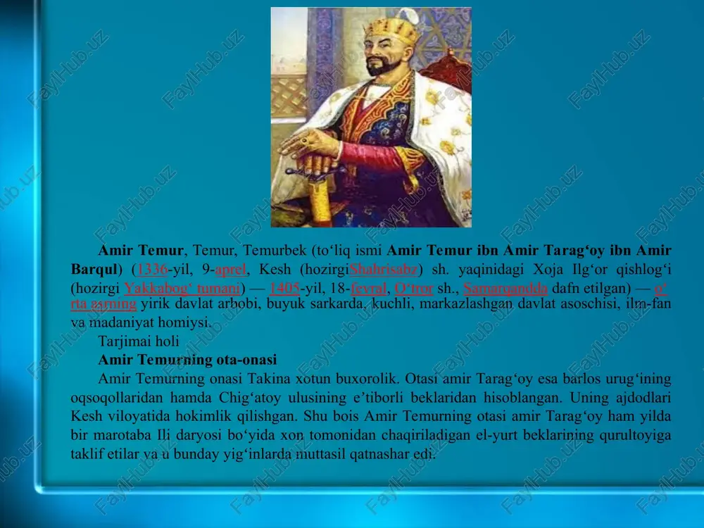 hbek, qimori inoq, sulaymonshohbek, idiku temur, sayfuddinbek, hindushoh, qarqara va boshqalar) toʻplanishib, birgalikda mashq qilar, musobaqalarda ishtirok etishar, astasekin navkar boʻlishib va harbiy guruhga birlashib, harbiy boʻlinma sifatida shakllana borgan. keyinchalik ular amir temur qoʻshinida lashkarboshilik darajasigacha koʻtarilganlar. amir temurning koʻtarilishi chigʻatoy xonligining xaritasi siyosiy faoliyatining boshlanishi temurning bosib olgan yerlari amir temur oʻzining ilk harbiy faoliyatini qoʻl ostidagi navkarlari bilan ayrim viloyat amirlariga xizmat qilishdan boshlagan; ularning oʻzaro kurashlarida qatnashib, jasorat koʻrsatgan, janglarda chiniqqan, harbiy mahoratini oshirgan. dongʻi butun kashkadaryo vohasiga yoyilgan. amir temurning aqlu zakovati, shijoati va shuhrati uni movarounnahrning nufuzli amirlaridan amir xizr yasovuriy va amir qazagʻon bilan yaqinlashtirdi. "buyuk amir" sifatida saylanishi 14-asrning 60-yillarida movarounnahrda hukm surgan nihoyatda ogʻir siyosiy va iqtisodiy vaziyat mamlakatni birlashtirib, kuchli bir davlat tashkil etishni taqozo qilmoqda edi. amir husayndan koʻra amir temur zamonining bunday talabini yaxshiroq tushunardi. shuning uchun ham oʻz faoliyatining dastlabki bosqichida barcha harakatni movarounnaxrda markazlashgan davlat tuzishga …