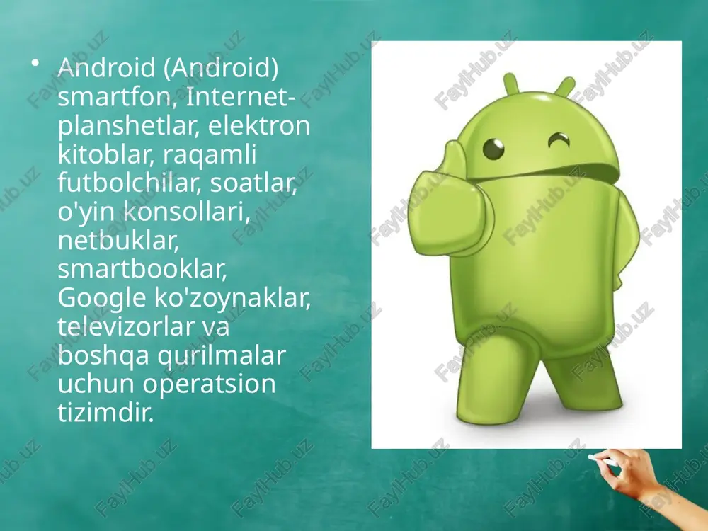 operatsion tizimi boshqa qurilmalarga o'rnatilgan. shunday qilib, 2009 yil oxirida androidda ishlaydigan birinchi foto ramkalar sotuvga chiqarildi. 2011-yil iyun oyida italiyaning blue sky kompaniyasi android operatsion tizimida ishlaydigan "watch watch" aqlli soatini e'lon qildi. 2012-yil avgustda nikon dunyodagi birinchi kamerani taqdim etdi, u android-da ishlaydi. google nexus seriyasida nafaqat smartfon va planshet, balki android va nexus player-da ishlaydigan nexus q media pleer ham mavjud. 2012-yil oktabr oyida kompaniyaning ijrochi direktori larri peyx 500 milliondan ortiq android-smartfon va planshetlarni ishga tushirganligini e'lon qildi. bundan tashqari, ushbu operatsion tizimga asosan 1,3 million qurilmalar har kuni faollashtirilganini aytdi. 2013 yilning sentyabr oyi boshida dunyoda bir milliarddan ziyod android qurilmasi ishga tushirildi. 2015-yil 29-sentabr kuni google bosh direktori sundar pichay android qurilmalari foydalanuvchilari soni 1,4 milliarddan oshganini ta'kidladi. android operatsion tizimiga oid dasturlar - dalvik virtual mashinasi uchun standart bo'lmagan bayt kodi dasturlari, ular uchun o'rnatish paketlari formati .apk ishlab chiqildi. ko'p kutubxonalar quyidagi …