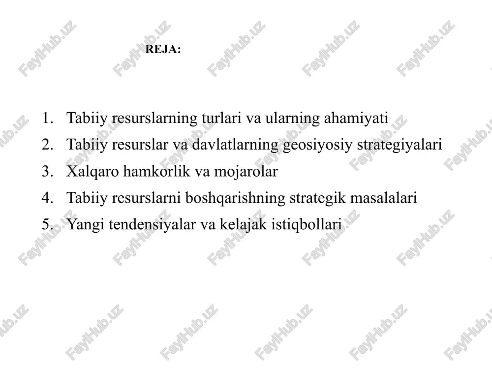 o‘shandan beri neft haqiqatan ham mavjud energiya tabiiy resursiga aylandi, uning ahamiyati tobora ortib bormoqda. xx asrning o‘rtalariga qadar dunyo okeani shelfining pastki cho‘kindilarida yotqizilgan neft resurs hisoblanmadi, chunki texnologik rivojlanish darajasi uni qazib olishga imkon bermadi. faqat xx asrning 40-yillarida. marakaybo ko‘li (venesuela) va kaspiy dengizi suvlarida birinchi marta dengiz va okeanlarning sayoz suvlarida neft konlarini sanoat o‘zlashtirish boshlandi. dunyoning tabiiy resurslari davlatlar o‘rtasida nihoyatda notekis taqsimlangan. shunday qilib, bir qancha mamlakatlar (m., rossiya, aqsh yoki avstraliya) tabiatni keng ko‘lamli foydali qazilmalar bilan ta’minlagan. boshqalar (m., yaponiya yoki moldova) faqat ikki yoki uch turdagi mineral xom ashyo bilan kifoyalanishgan. iste’mol hajmiga kelsak, dunyodagi tabiiy resurslarning qariyb 70% gʻarbiy yevropa, aqsh, kanada va yaponiya mamlakatlari tomonidan foydalaniladi, ularda dunyo aholisining 9% dan ko‘proq qismi yashaydi. ammo dunyo aholisining qariyb 60 foizini tashkil etuvchi rivojlanayotgan mamlakatlar guruhi sayyoramiz tabiiy resurslarining atigi 15 foizini iste’mol qiladi. 9% - 70% *** 60% - …