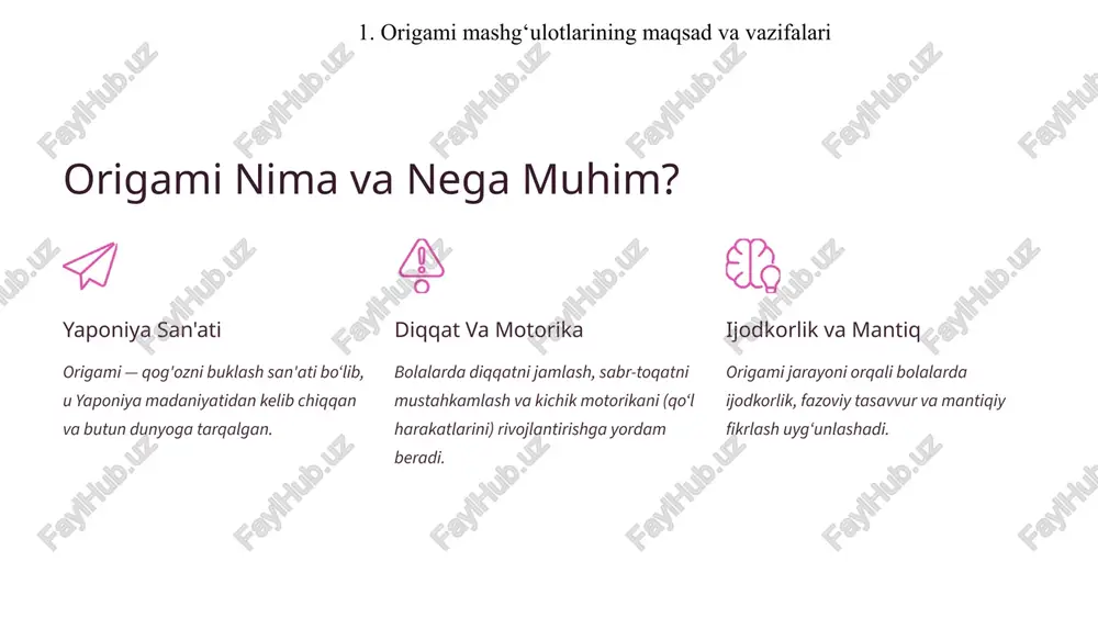 vositadir. ushbu mashg‘ulotlarning asosiy maqsadlari quyidagilardan iborat: bolalarda qog‘ozni to‘g‘ri buklash, kesish va joylashtirish ko‘nikmalarini shakllantirish; rang, shakl va o‘lchamlar haqida tasavvurlarni boyitish; ijodkorlik va estetik didni rivojlantirish; diqqat, kuzatuvchanlik, sabr-toqat va mustaqil ishlash ko‘nikmalarini mustahkamlash. vazifalari esa quyidagilarni o‘z ichiga oladi: bolalarga origami haqida dastlabki tushunchalarni berish va qiziqish uyg‘otish; qog‘ozdan oddiy shakllarni (kvadrat, uchburchak, to‘rtburchak) yasash orqali qo‘l motorikasini rivojlantirish; buklash ketma-ketligini eslab qolish orqali xotira va e’tiborni oshirish; har bir ishni estetik jihatdan to‘liq bajarish malakasini shakllantirish; mashg‘ulot jarayonida jamoaviy ish ko‘nikmasini, bir-biriga yordam berish va o‘z fikrini bildirish madaniyatini rivojlantirish. 2. tayyorlov guruhida origami mashg‘ulotlarini tashkil etish jarayoni tayyorlov guruhidagi bolalar allaqachon ranglar, shakllar va o‘lchamlar bilan tanish bo‘lganliklari sababli, murakkabroq origami shakllarini yasashga tayyor bo‘ladilar. mashg‘ulotlarni bosqichma-bosqich tashkil etish muhimdir: tayyorlov bosqichi: bolalarga kerakli rangli qog‘ozlar, namuna shakllar (masalan, qush, baliq, gul, samolyot) ko‘rsatiladi. qog‘ozni buklash yo‘nalishi va texnikasi tushuntiriladi. amaliy bosqich: tarbiyachi bolalar bilan …