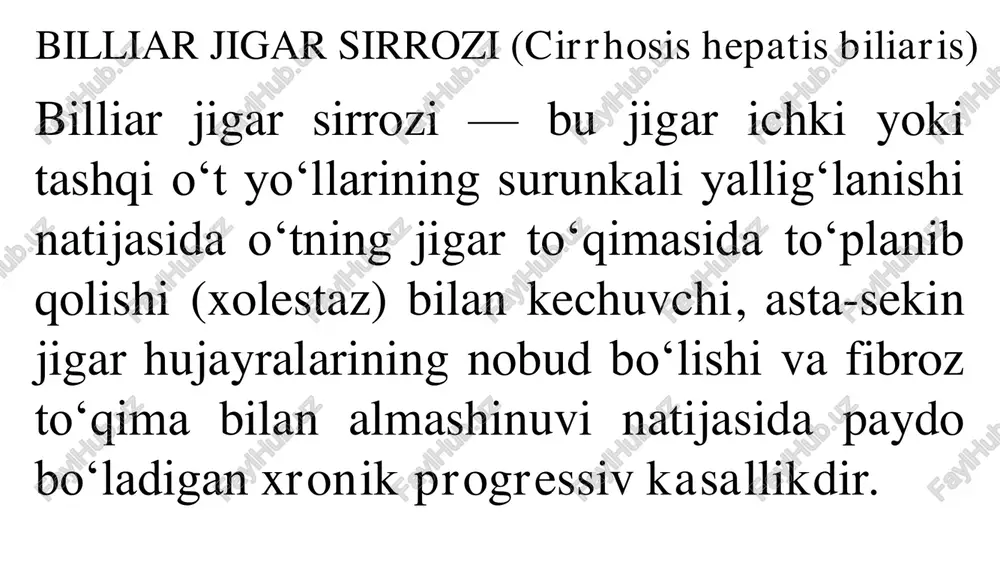 ‘ladi. •keyingi bosqichda: • teri qorayadi (pigmentatsiya). • ksantomalar va ksantelazmalar (teri ostida yog‘ to‘planmalari). • gepatomegaliya (jigar kattalashadi), keyin atrofiya. • splenomegaliya (talqon kattalashadi). • qon ivishining buzilishi, qorin bo‘shlig‘ida suyuqlik (assit). • portal gipertenziya (qon bosimi oshishi jigar venasida). klinik belgilar •dastlabki davrda: • toqatsizlik, holsizlik, og‘izda achchiq ta’m. • qichishish (ayniqsa kechasi). • teri sarg‘ayishi (xolestatik sariqlik). • o‘ng qovurg‘a ostida og‘riq, og‘irlik hissi. laborator va instrumental diagnostika laborator tekshiruvlar: •bilirubin miqdori ↑ •xolesterin miqdori ↑ •alp (ishqoriy fosfataza) ↑ •ggt ↑ •alt, ast o‘rtacha oshgan. •autoimmun markerlar: antimitoxondrial antitanachalar (ama) aniqlanadi (pbc uchun xos). •qon oqsillari: gammaglobulinlar ↑ instrumental tekshiruvlar: •ultrasonografiya (o‘t yo‘llarining kengayishi yoki torayishi). •mrcp yoki ercp (o‘t yo‘llarini vizualizatsiya qilish). •jigar biopsiyasi — fibroz darajasini baholash uchun. •jigar biopsiyasi — fibroz darajasini baholash uchun. asoratlari •portal gipertenziya. •assit (qorin bo‘shlig‘ida suyuqlik to‘planishi). •gepatik ensefalopatiya. •o‘t yo‘llari infeksiyalari (xolangit). •gepatotsellyulyar karsinoma (jigar saratoni). profilaktika …